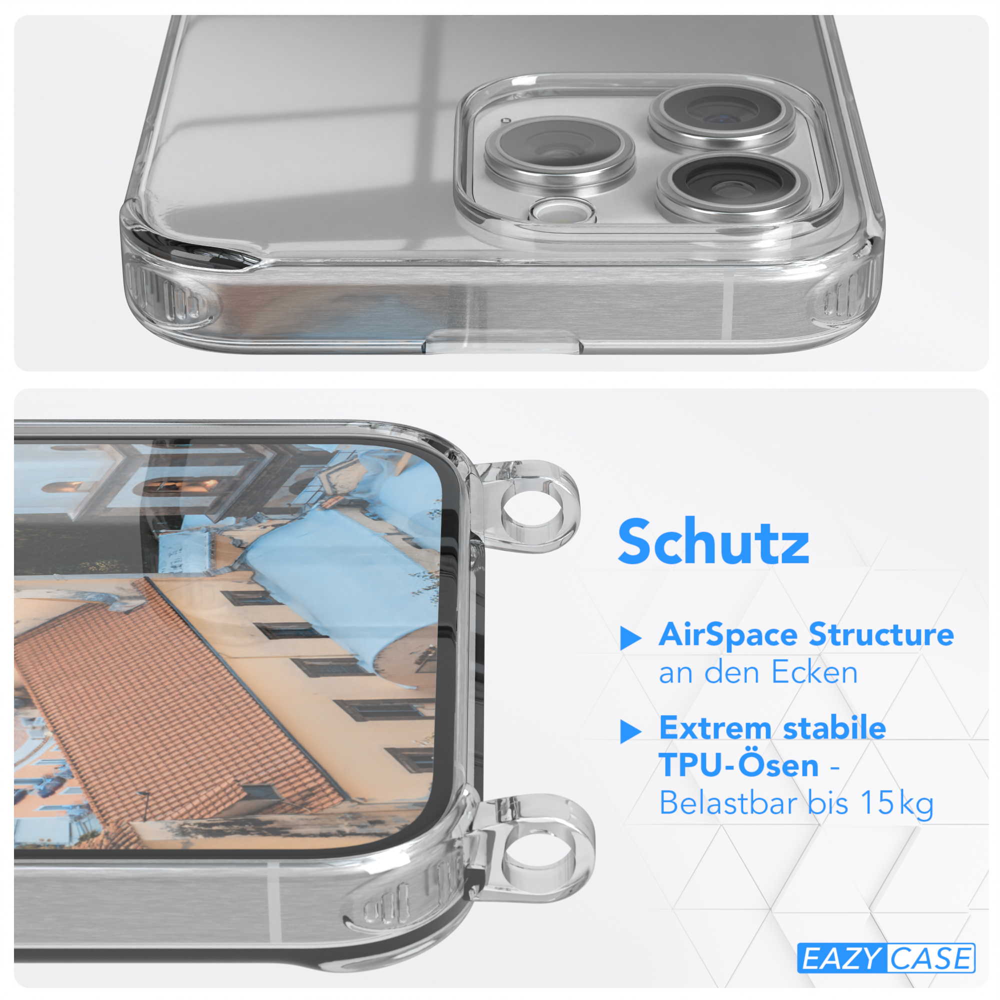Transparente Handyhülle mit Text über Schutzfunktionen.