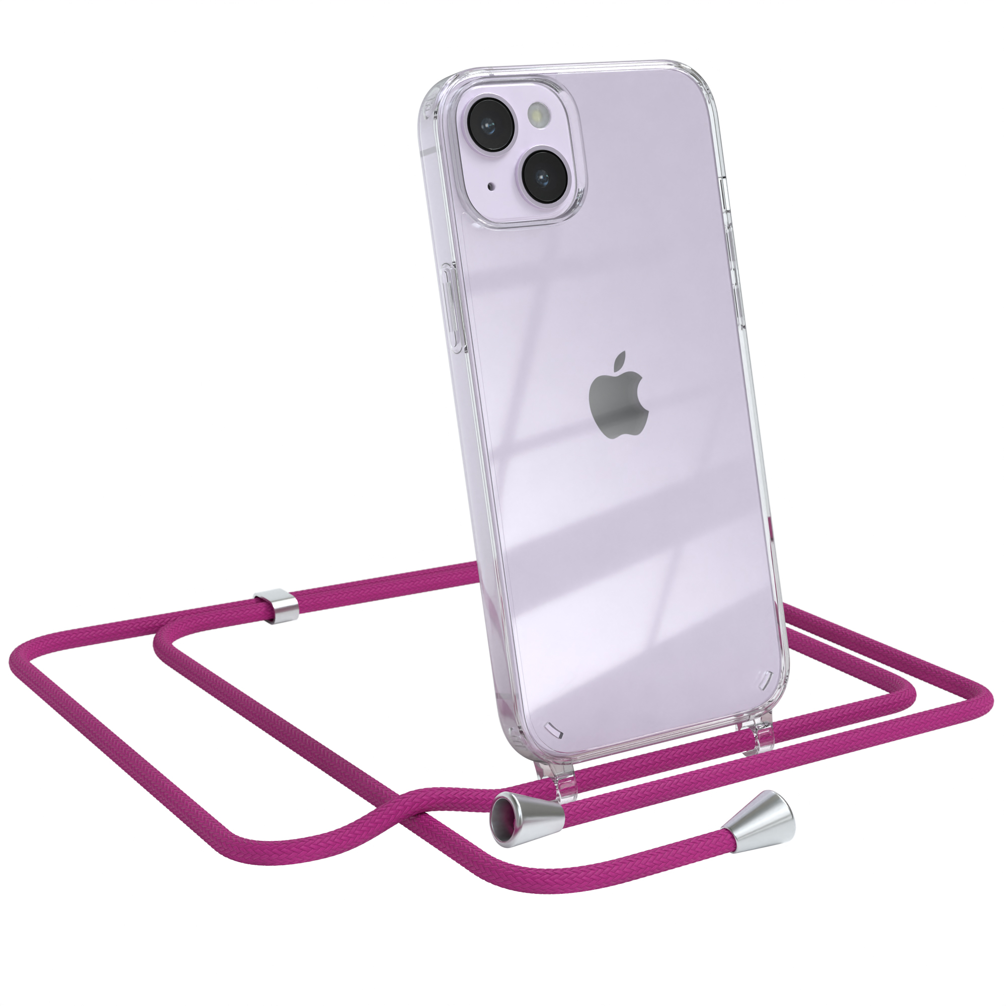 Eine transparente Handyhülle mit pinkfarbenem Kordel und einem iPhone.
