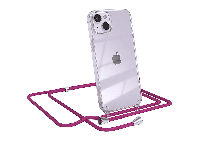 EAZY CASE Clear Cover mit Umhängeband, Umhängetasche, Apple, iPhone 14 Plus, Pink / Clips Silber