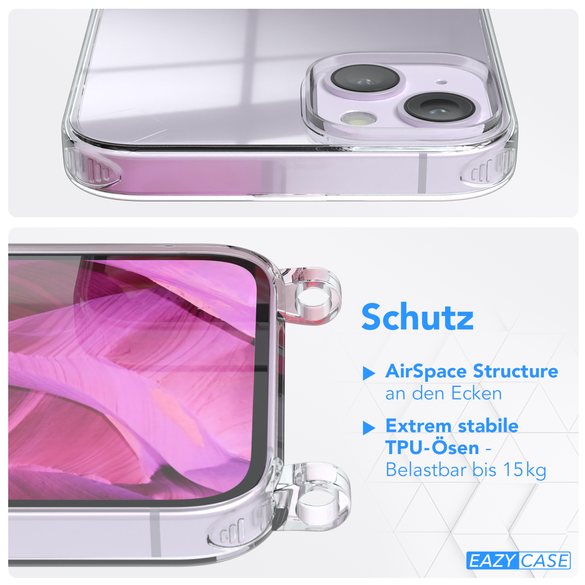 Nahaufnahme einer Handyhülle. Sie ist klar und transparent mit Text: AirSpace Structure und Extrem stabile.