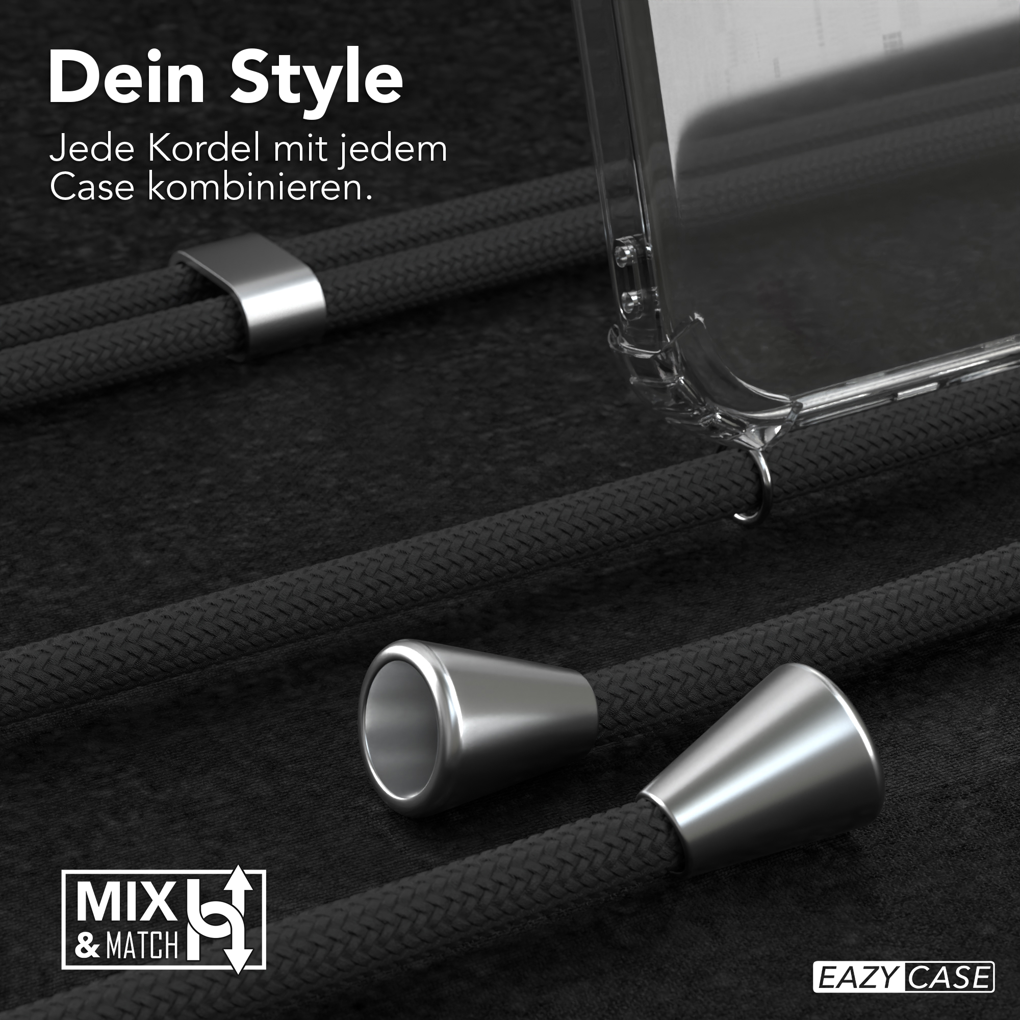 Nahaufnahme einer Handyhülle mit schwarzem geflochtenem Kabel und silbernen Details. Text: Dein Style.