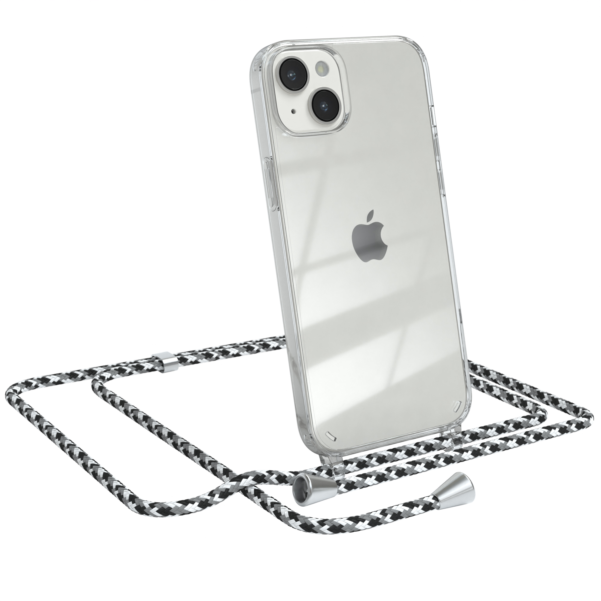 Transparente Handyhülle mit Lanyard. Das Telefon hat das Apple-Logo.