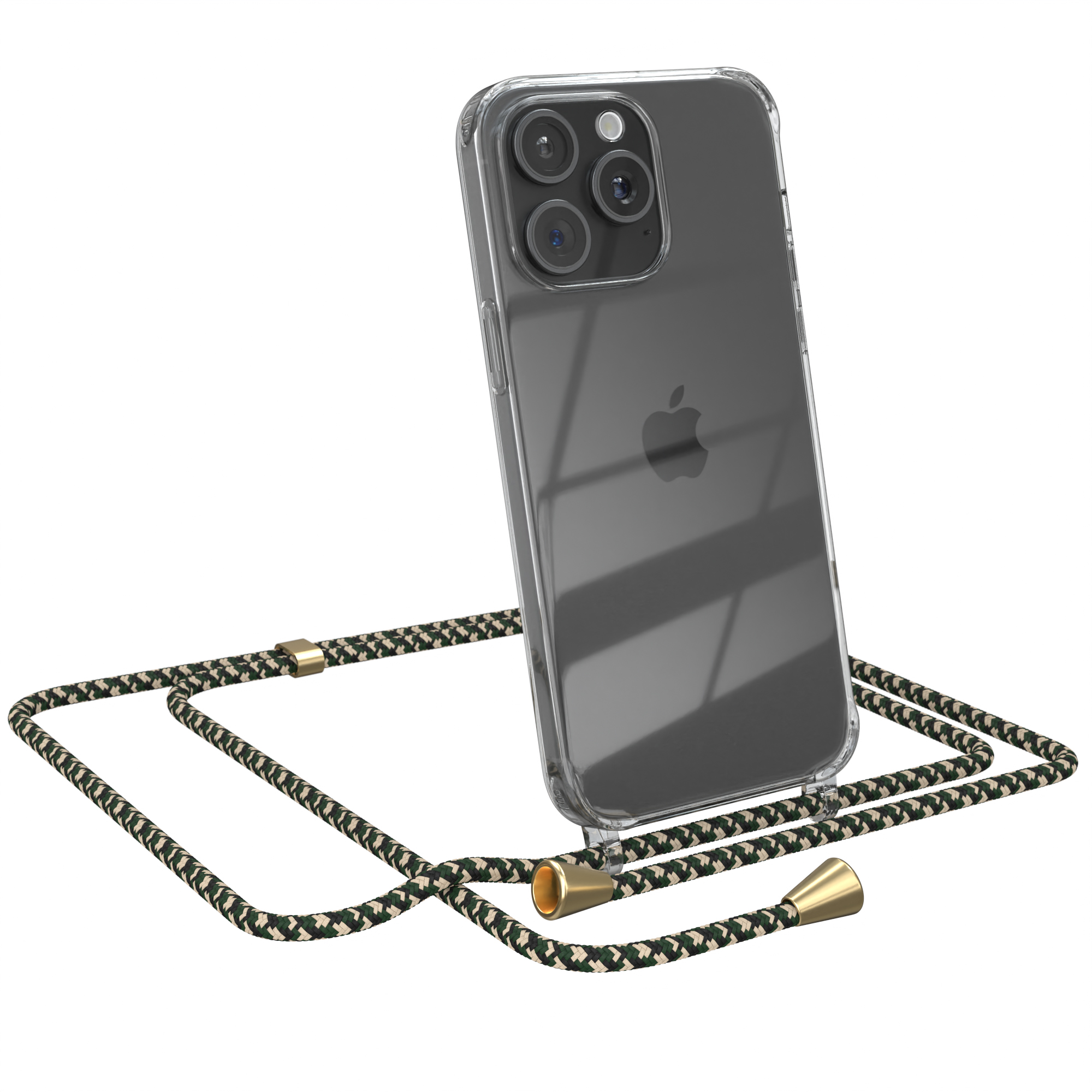 Ein Telefon in einer transparenten Hülle mit einem gemusterten Lanyard auf weißem Hintergrund.