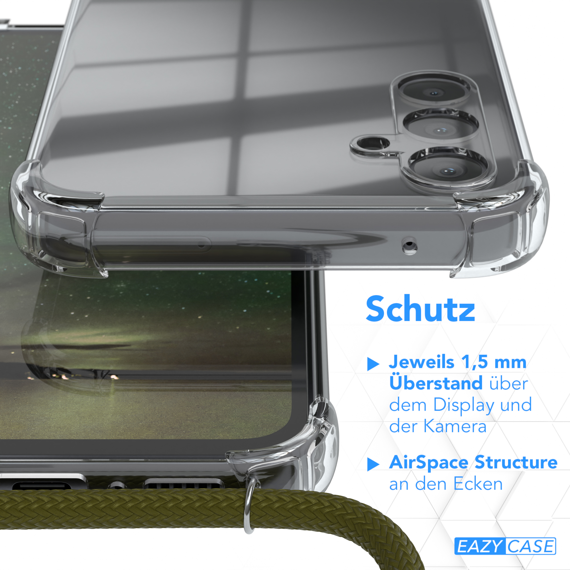 Ein Telefon in einer transparenten Hülle. Text hebt Bildschirm- und Kameraschutz hervor. Schwarzes Kabel.