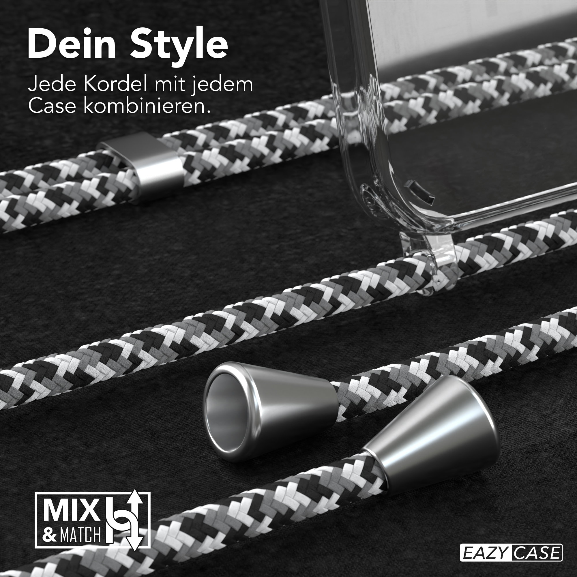 Nahaufnahme einer Handyhülle mit einem schwarz-weiß-grauen Kabel. Silberne Metallakzente sind sichtbar.