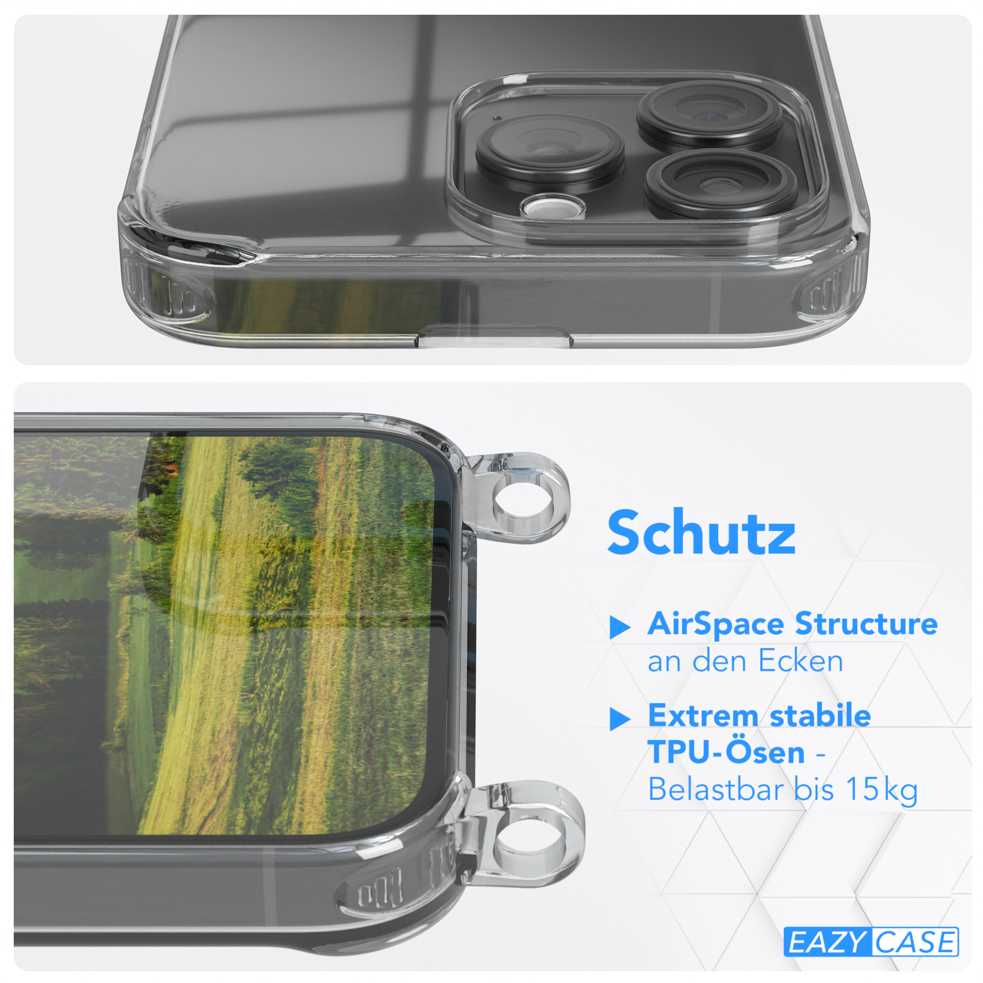 Transparente Handyhülle mit Feldhintergrund. Merkmale sind Display- und Kameraschutz und AirSpace-Struktur.
