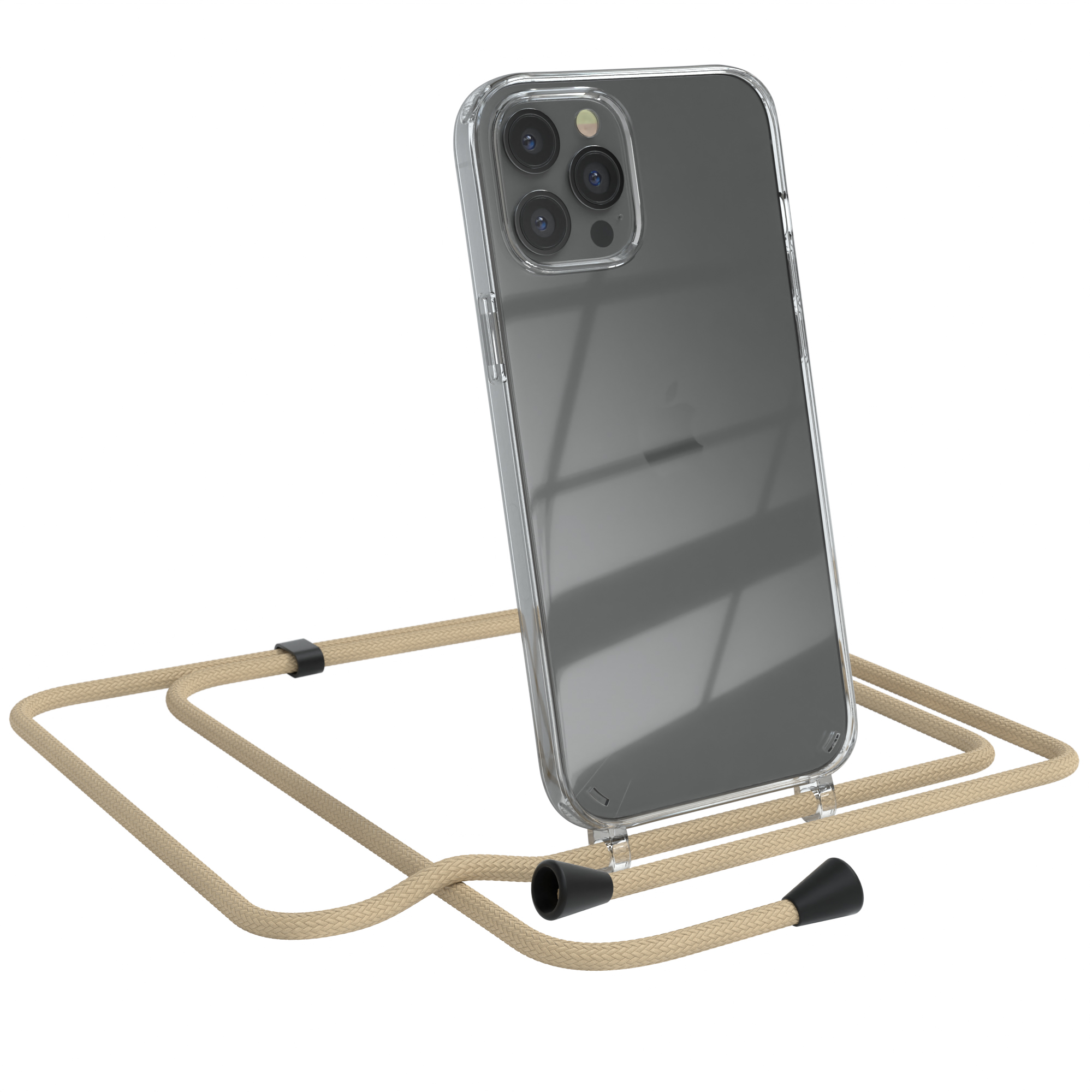 Transparente Handyhülle mit Umhängeband. Telefon hat 3 Kameras und beiges Band.
