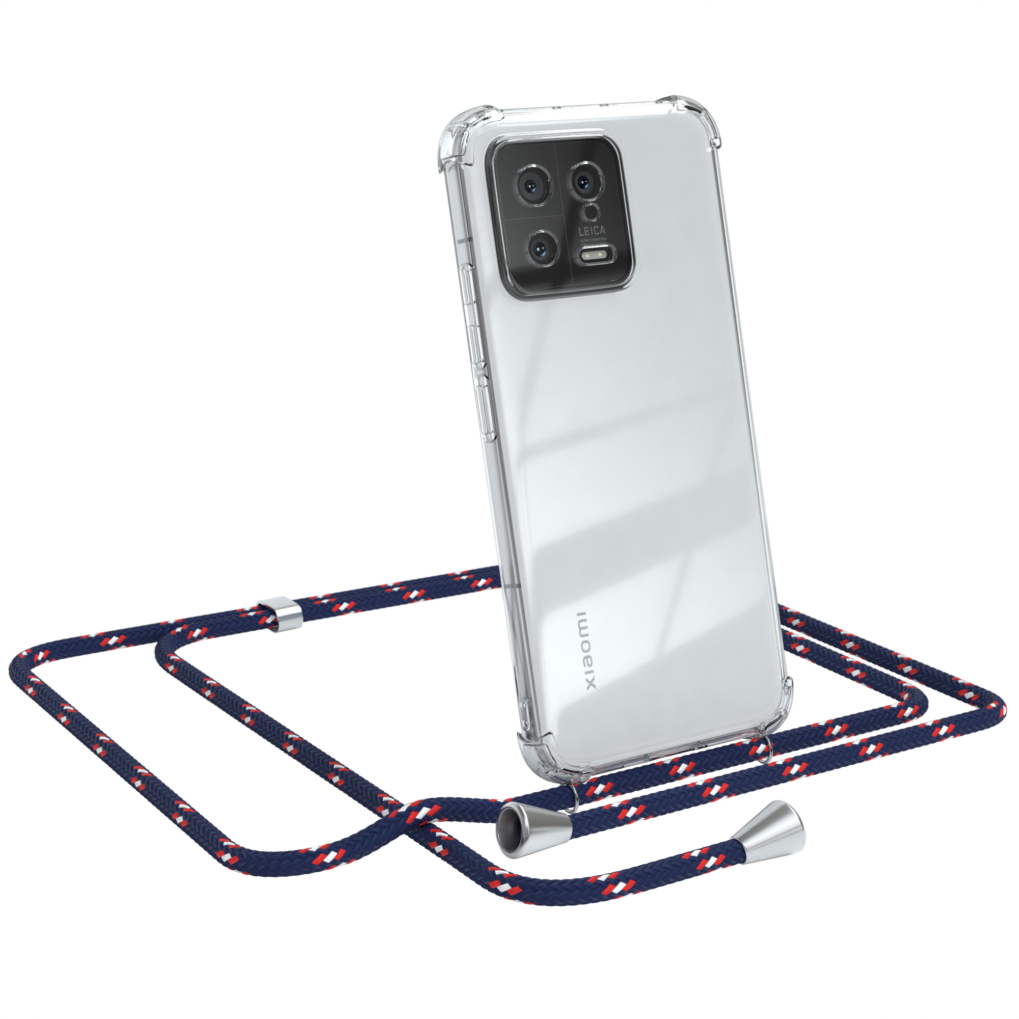 Ein Telefon mit transparentem Gehäuse und einem blau-roten Schlüsselband. Das Telefon steht aufrecht.