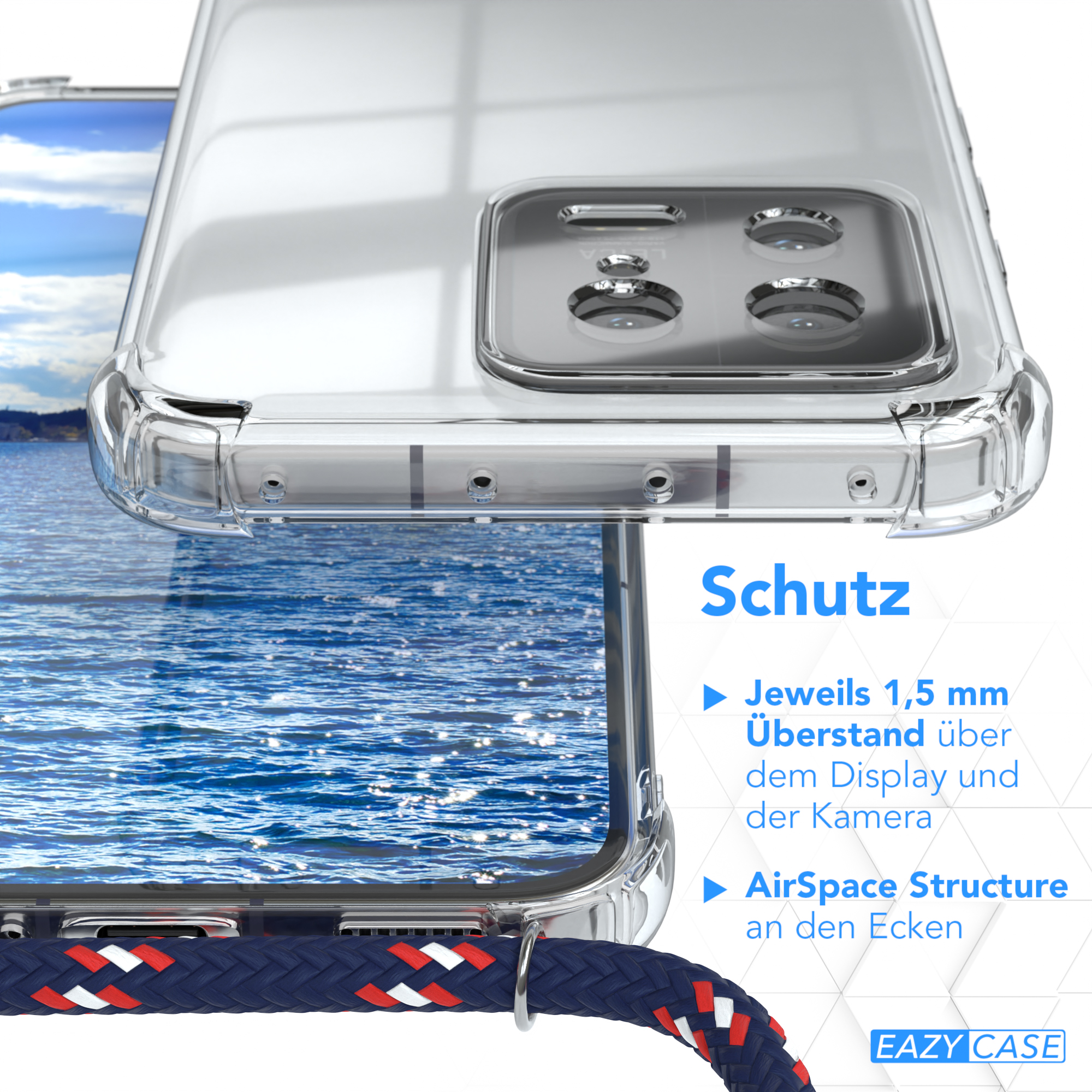 Handyhülle mit blau-rotem Umhängeband, Nahaufnahme.