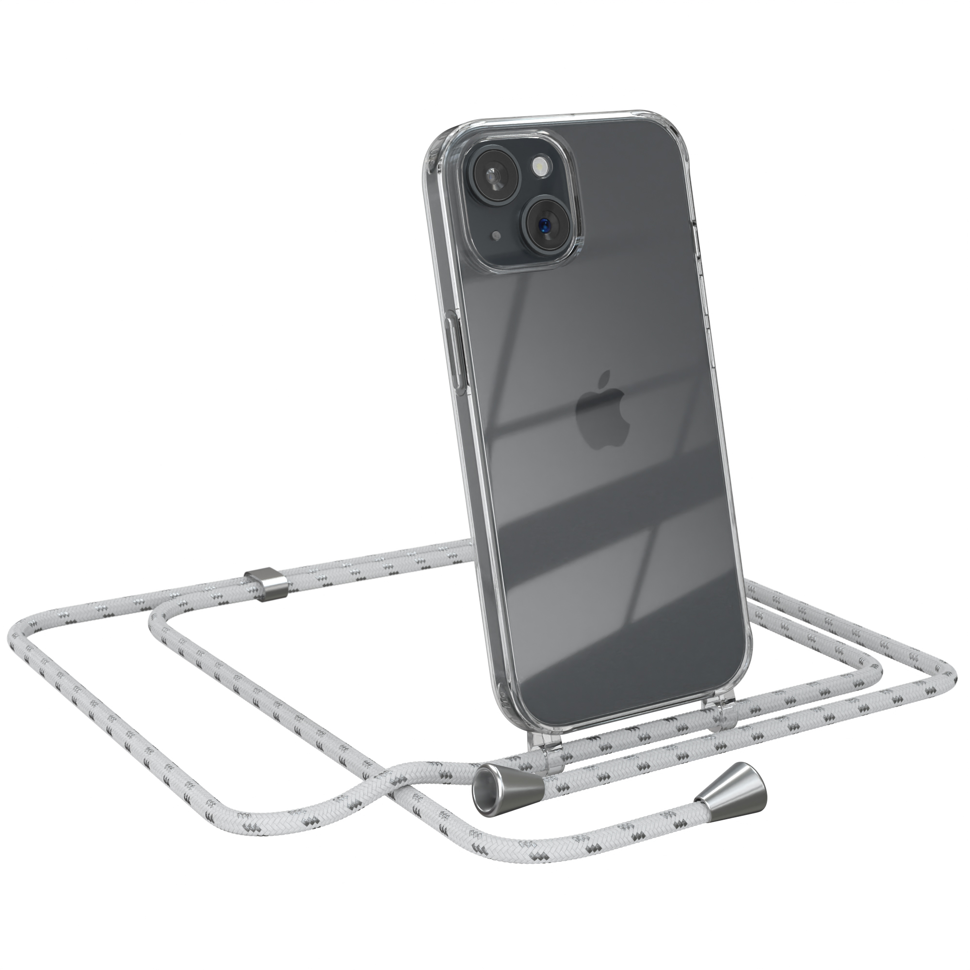 EAZY CASE Clear Cover mit Clips Umhängeband, iPhone Weiß Umhängetasche, Silber / 15, Apple