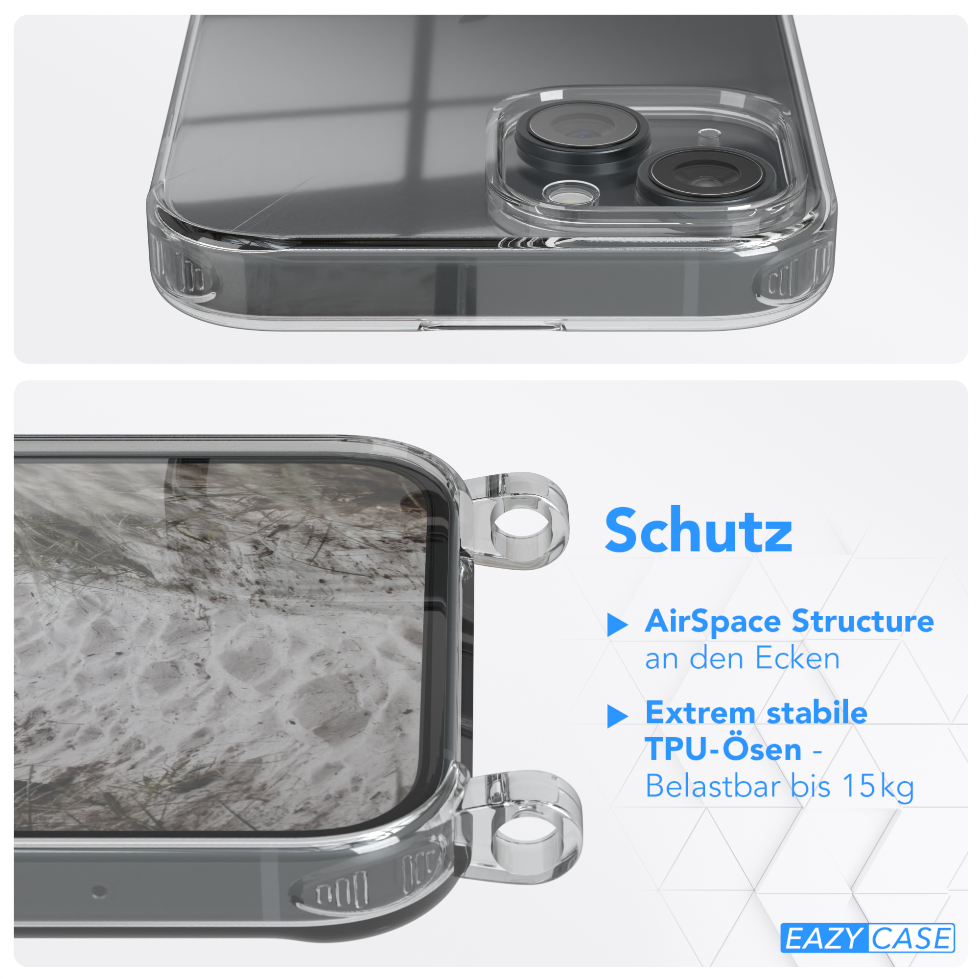 Nahaufnahme einer Handyhülle mit Landschaftsbild. Text lautet 'AirSpace Structure' und 'EAZY CASE'.