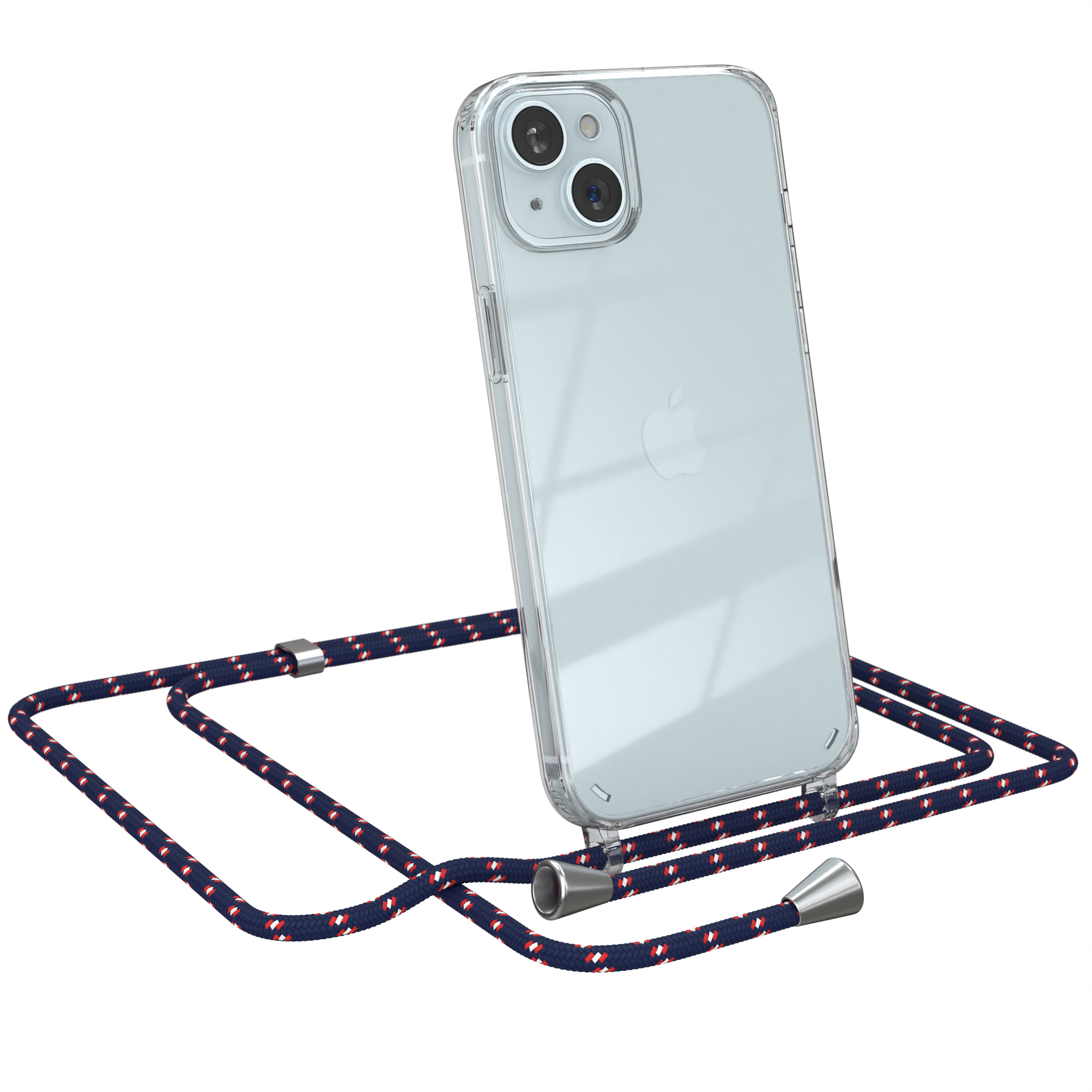 iPhone mit klarer Hülle und blau-rotem Seil. Die Hülle ist transparent und zeigt die Rückseite.