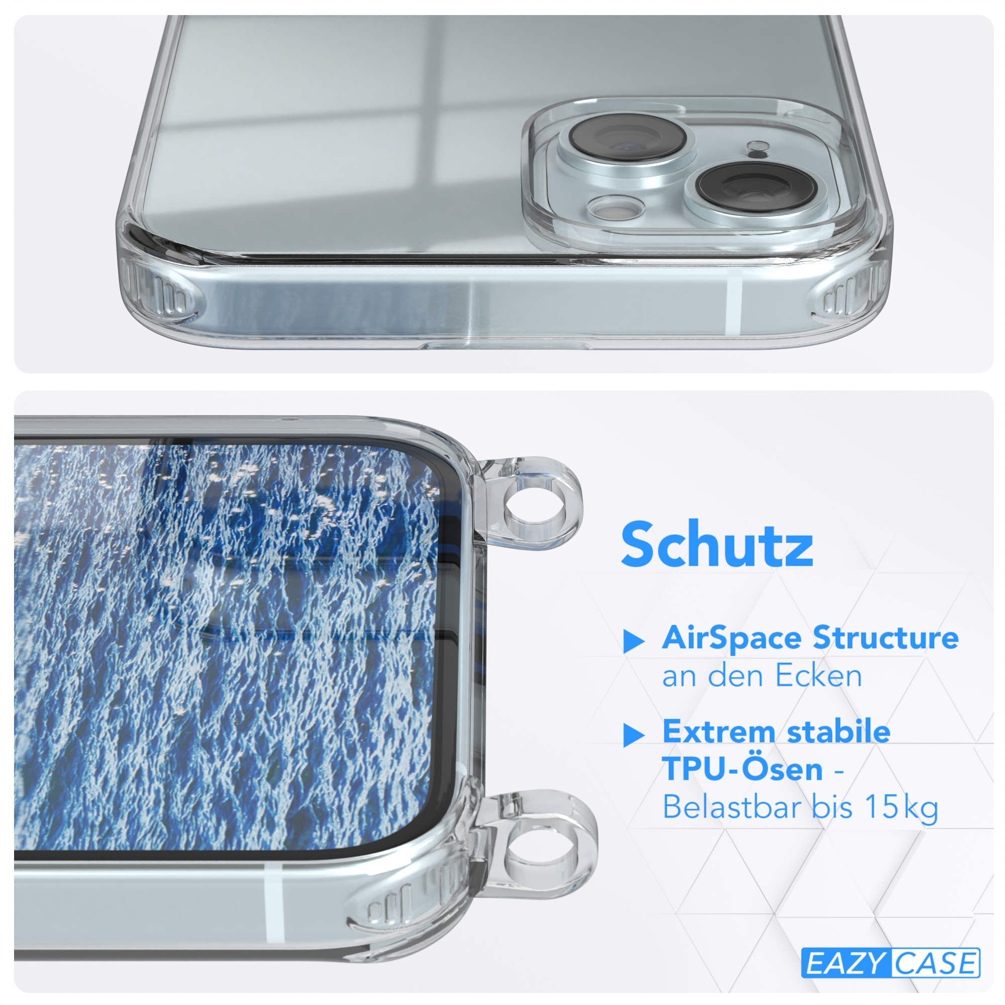 Transparente Handyhülle, zeigt das Telefon im Inneren. Nahaufnahme der Ecke mit Text zum Schutz.