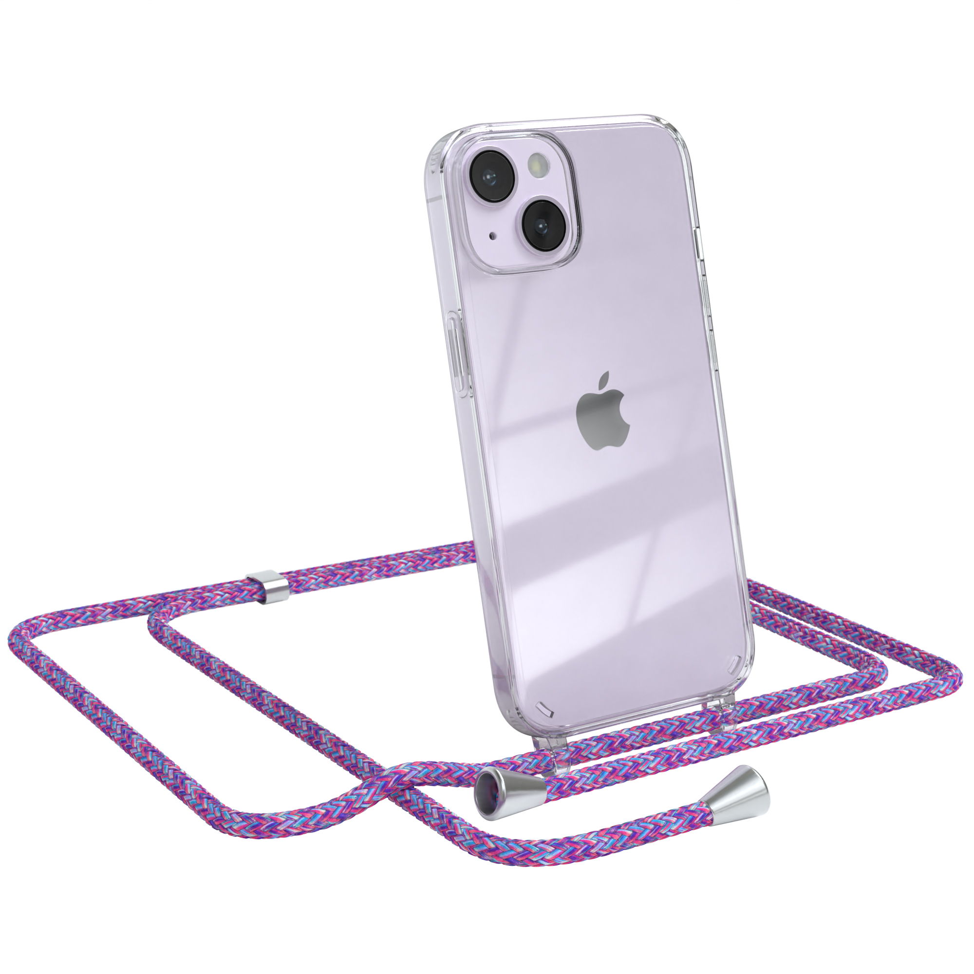 Transparente Handyhülle mit lila Lanyard und Apple-Logo.