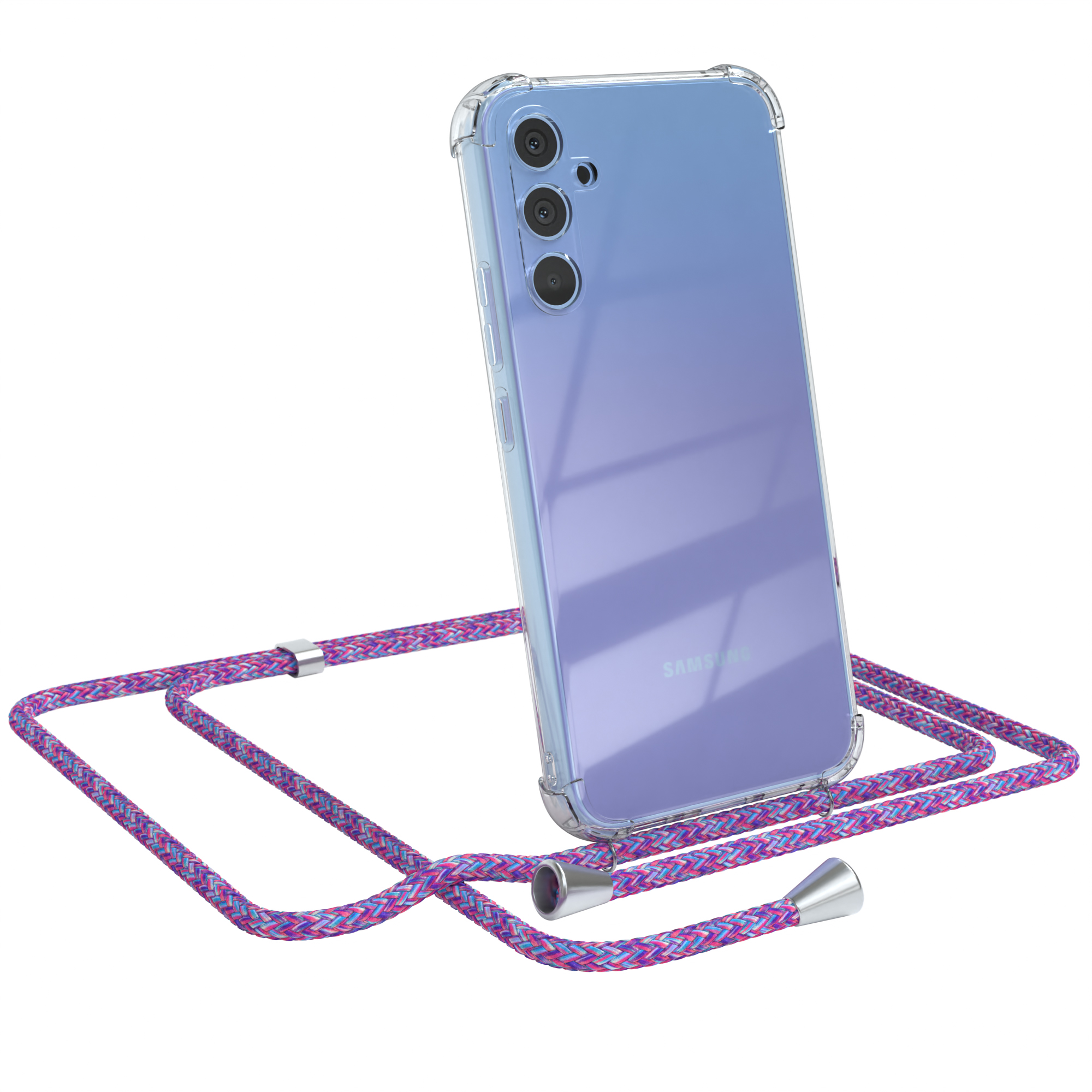 Transparente Handyhülle mit einem geflochtenen lila-rosa Band.