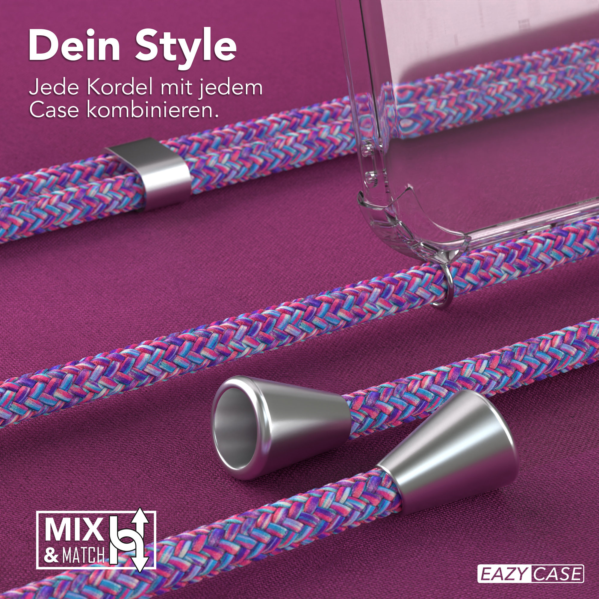 Nahaufnahme von Telefonschnüren mit silbernen Details, der Text 'Dein Style' ist sichtbar.