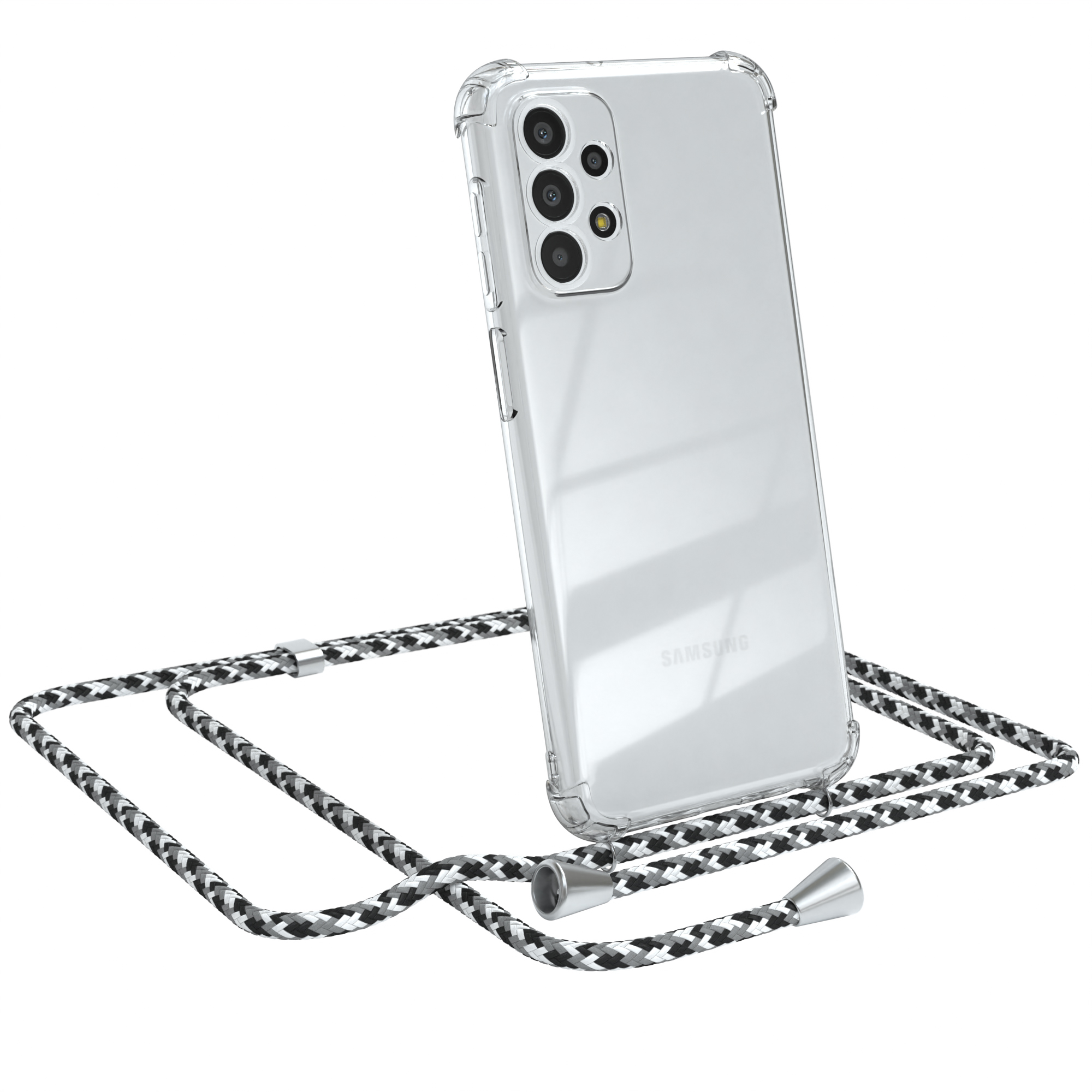Transparente Handyhülle mit schwarzem, weißem und grauem Handystrap auf weißem Hintergrund.