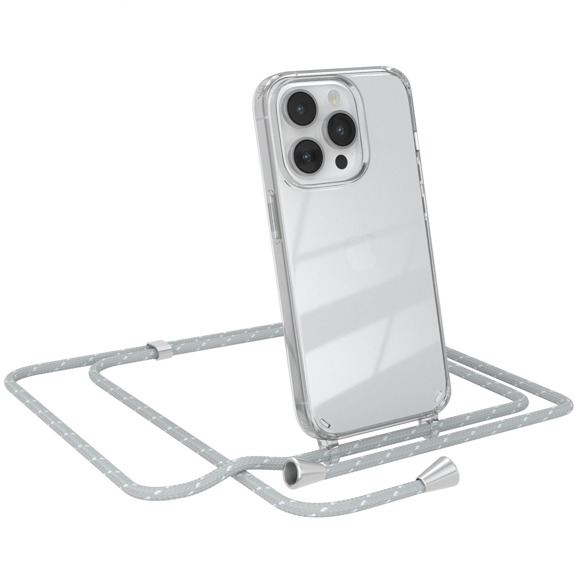 Eine durchsichtige Handyhülle mit einem silbergrauen Seil. Das Telefon ist zum Betrachter geneigt.