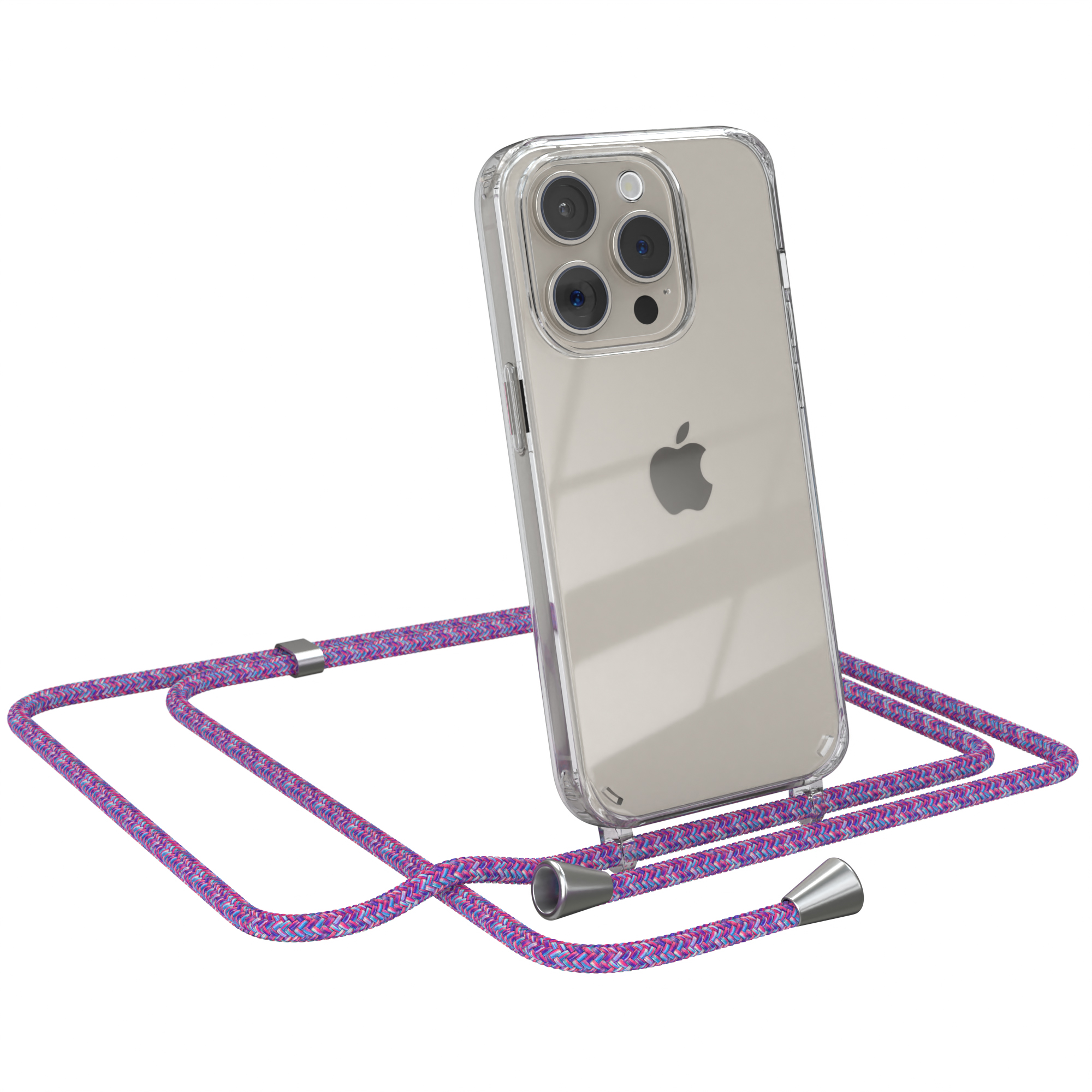 EAZY CASE Clear Cover iPhone / Apple, Silber Lila Clips mit Pro, Umhängeband, 15 Umhängetasche