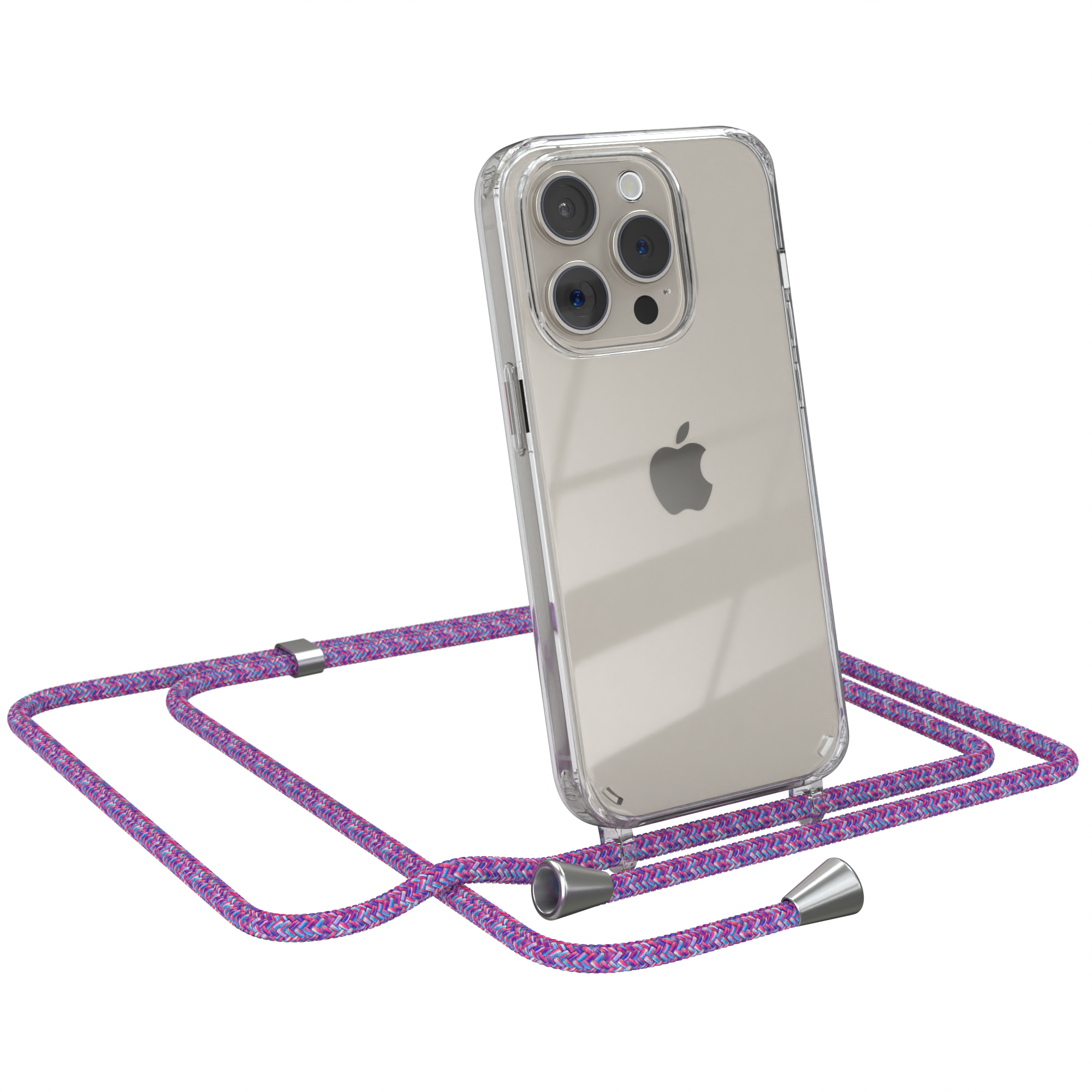 Transparente Handyhülle mit lila und pinkfarbenem Riemen. Das Telefon ist silber und hat das Apple-Logo.
