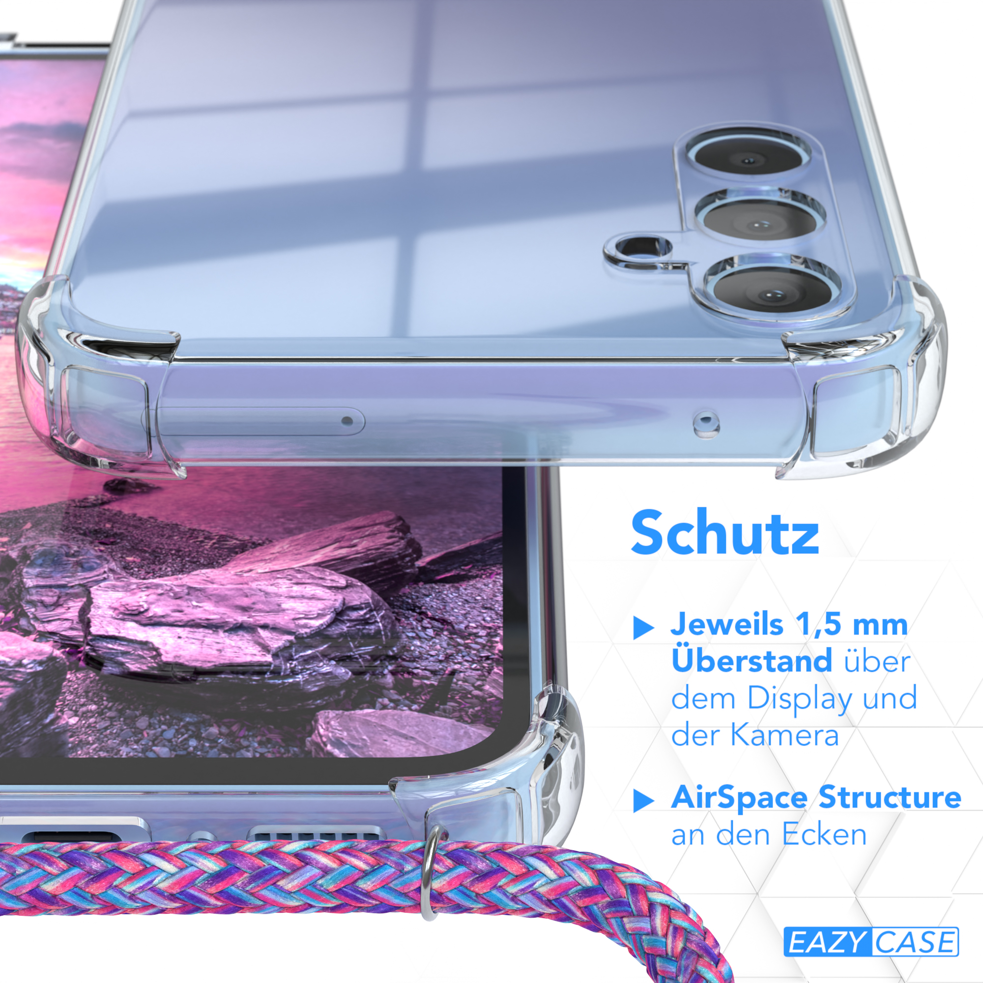 Nahaufnahme der Handyhülle mit Text Schutz, AirSpace Structure und 1,5mm Überstand.