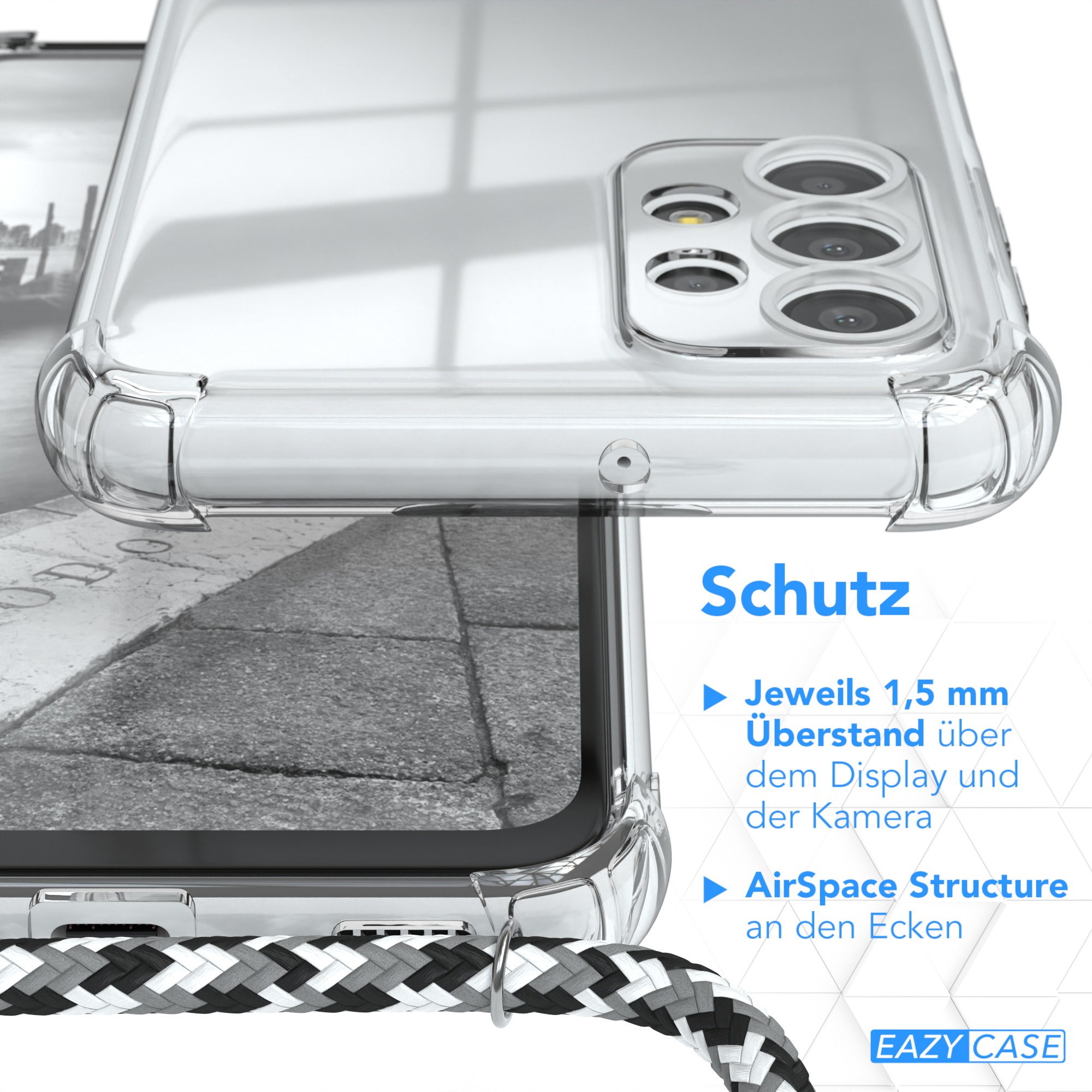 Telefon in einer transparenten Hülle, Nahaufnahme mit Text.