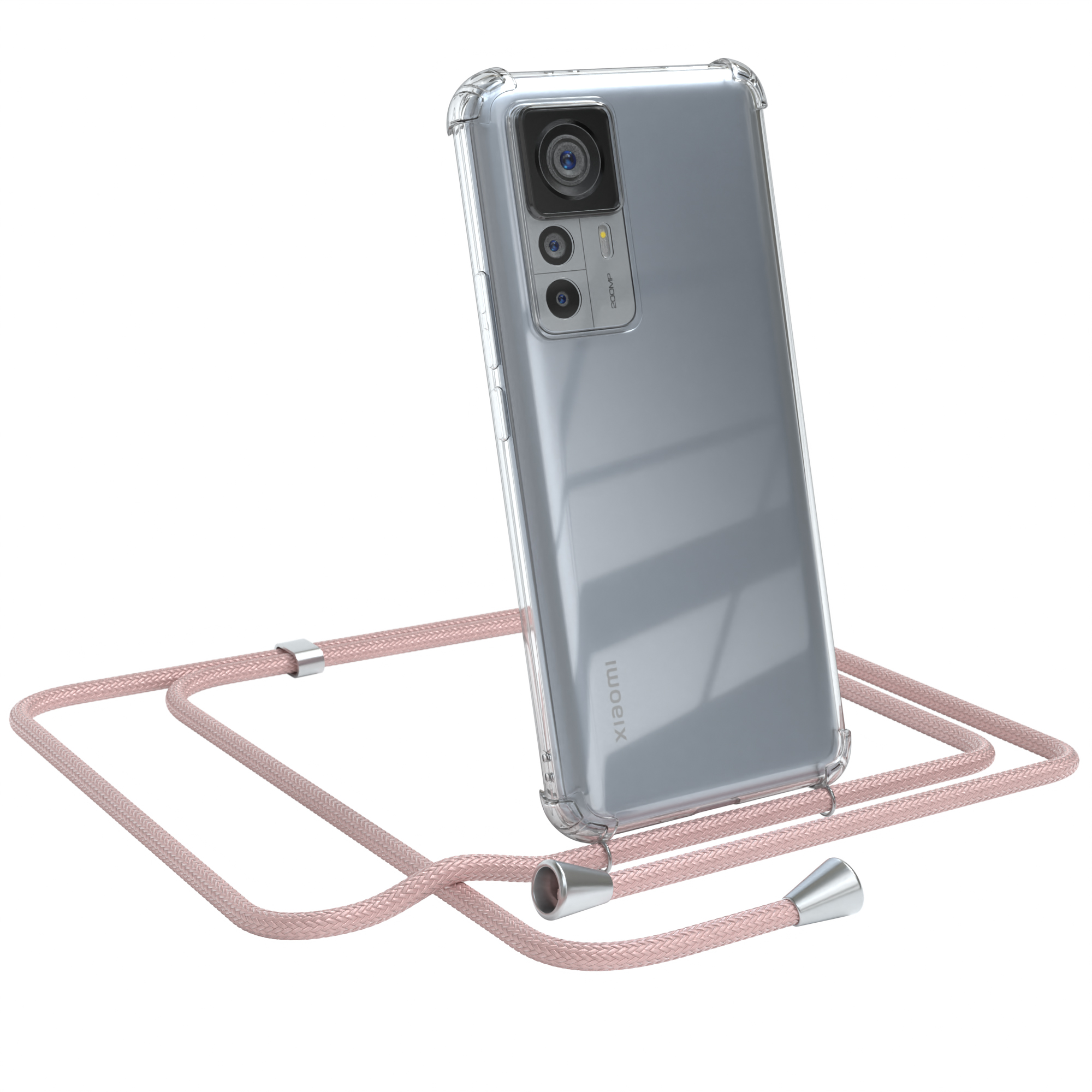 Eine transparente Handyhülle mit rosa Band an einem Telefon. Das Telefon befindet sich rechts.
