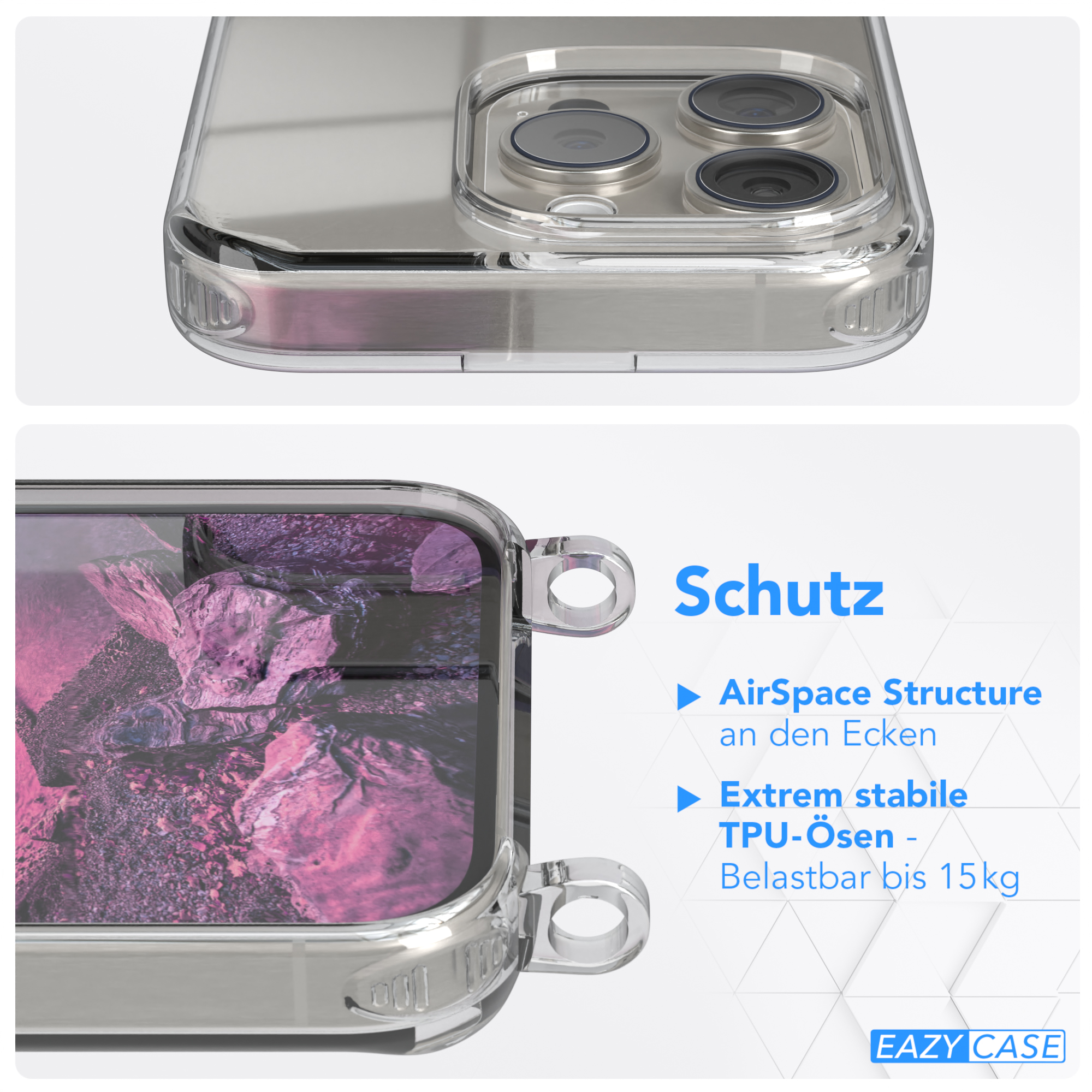 15 / Pro, iPhone Apple, Silber mit Clips CASE Cover EAZY Clear Umhängetasche, Umhängeband, Lila