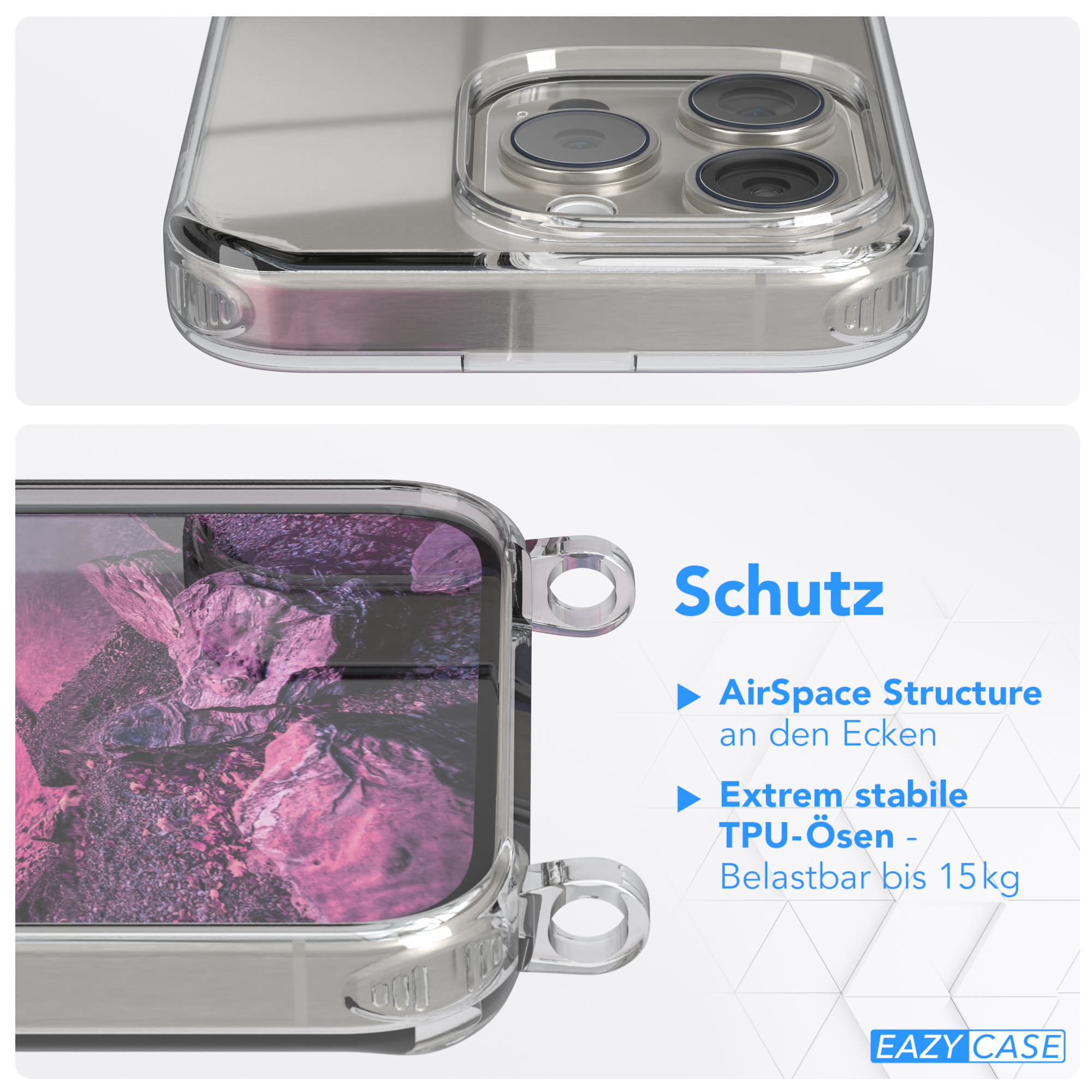 Transparente Handyhülle. AirSpace Struktur und TPU-Oesen werden hervorgehoben.