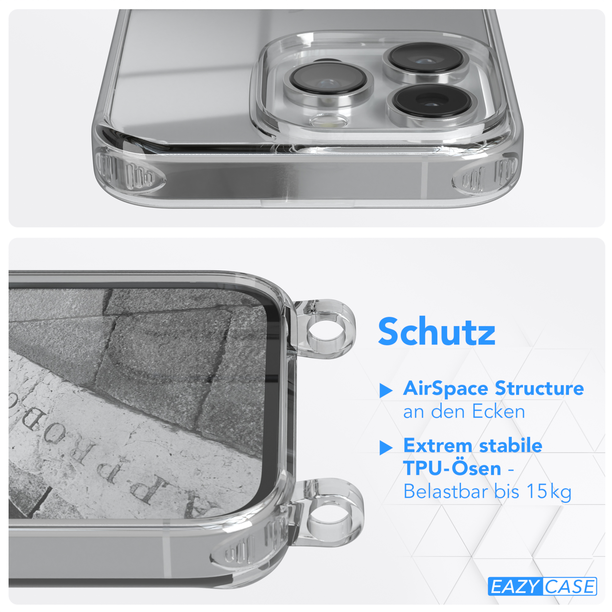 EAZY CASE Clear iPhone mit Umhängeband, Hellgrau Pro, Apple, Umhängetasche, Cover 14 Weiß