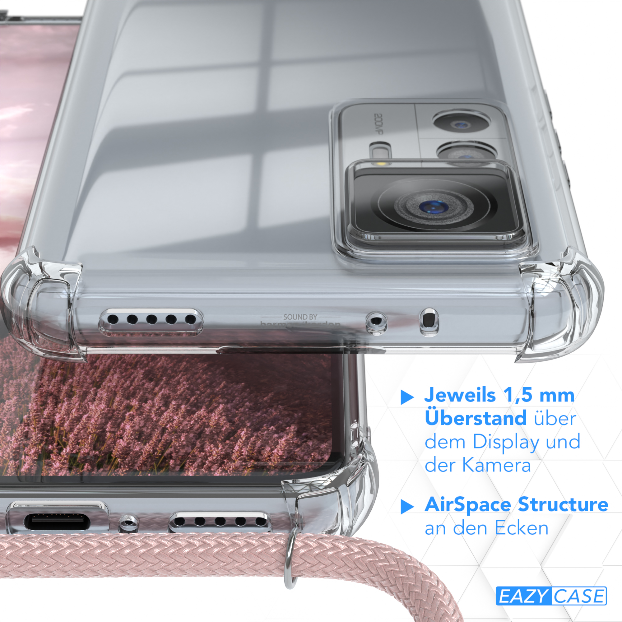 Nahaufnahme einer transparenten Handyhülle mit pinkfarbenem Handyband, und einem Telefon darin.