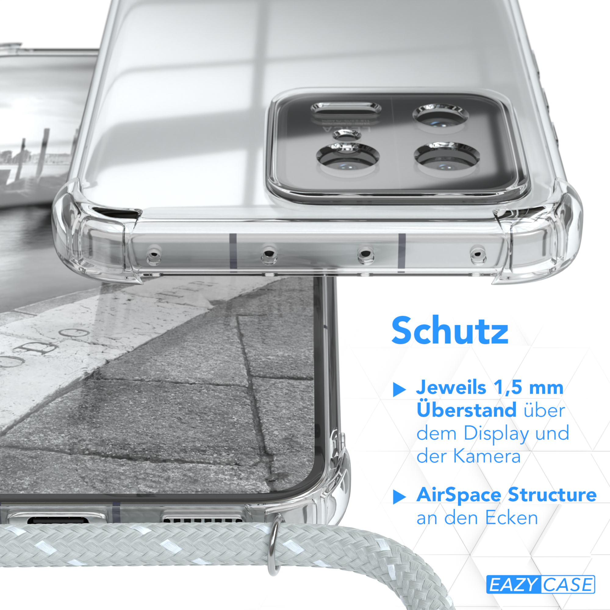 Eine transparente Handyhülle, Nahaufnahme. Text über Schutz und eine Kabelschlaufe.