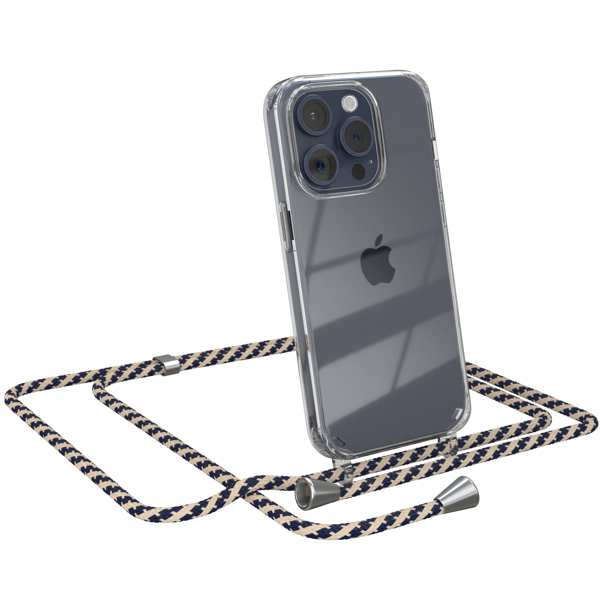 Transparente Handyhülle mit Kordel. Es ist ein iPhone.