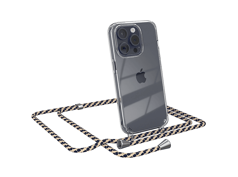 EAZY CASE Clear Cover mit Umhängeband, Umhängetasche, Apple, iPhone 15 Pro, Taupe Camouflage