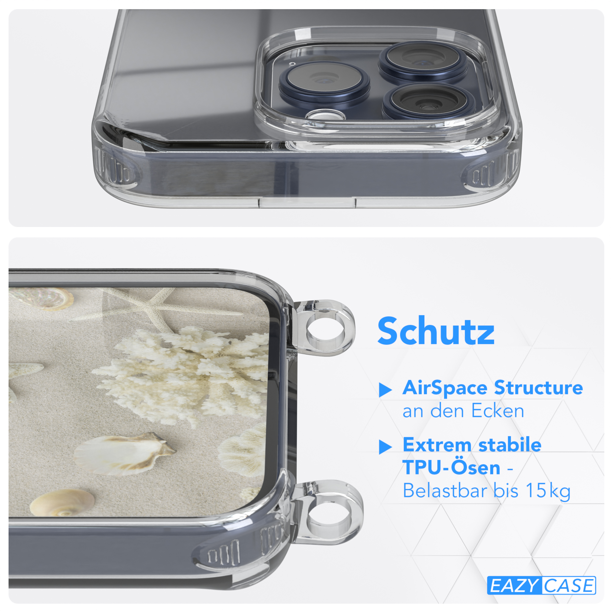 Eine transparente Handyhülle mit Muscheln und Sand, mit Text über Schutz.