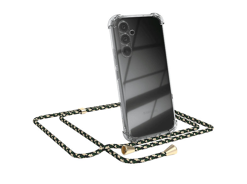EAZY CASE Clear Cover mit Umhängeband, Umhängetasche, Samsung, Galaxy A54, Grün Camouflage / Clips Gold