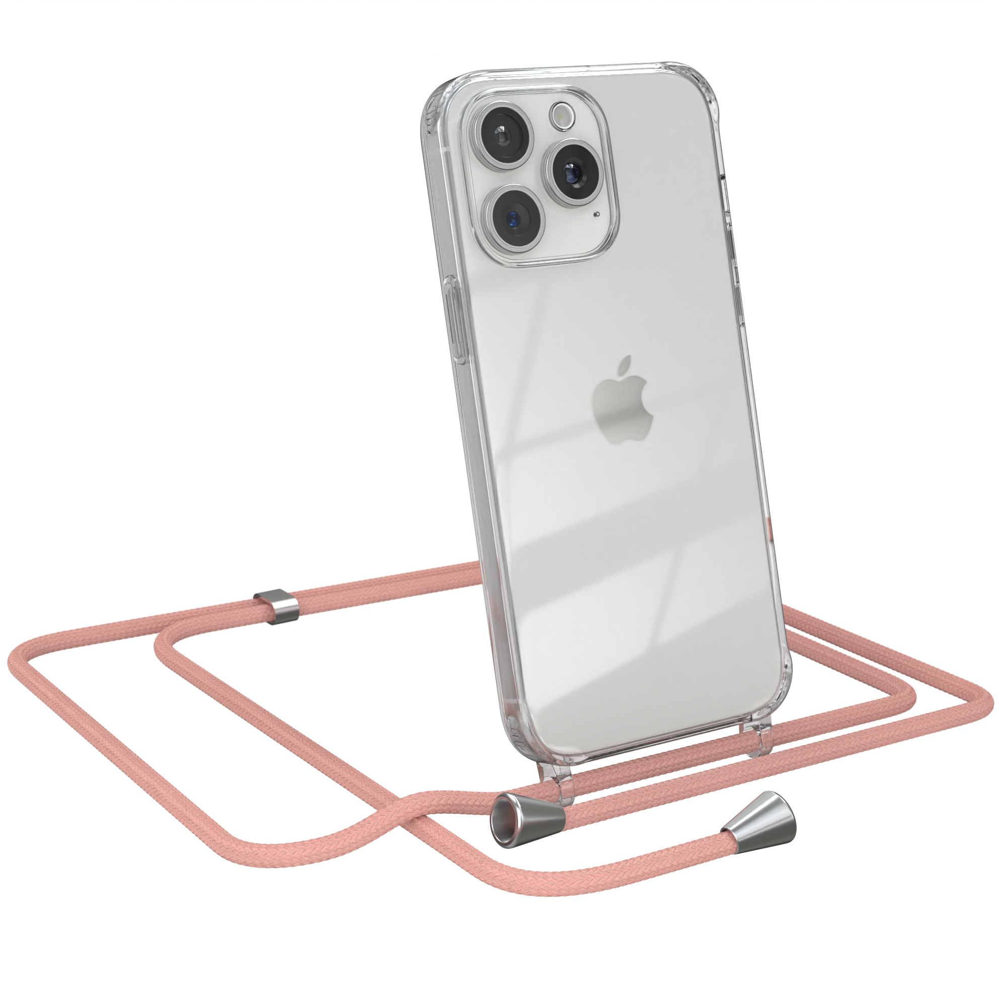 Transparente Handyhülle mit pinkfarbenem Kabel. Das Telefon lehnt. Weißer Hintergrund.