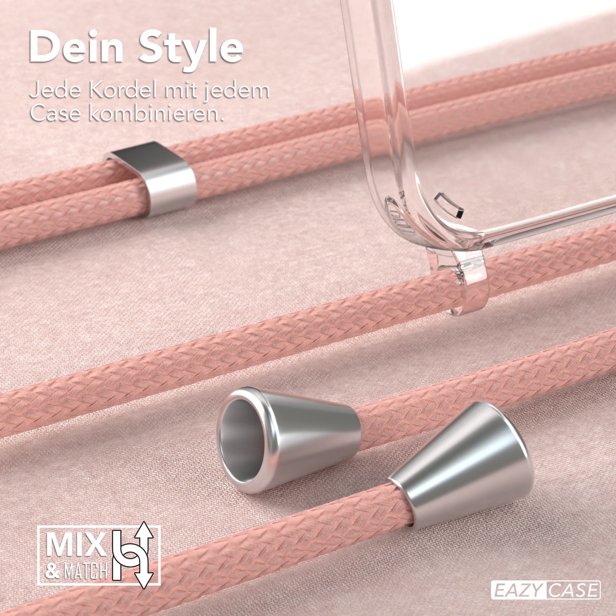 Nahaufnahme einer Handyhülle und eines Schlüsselbands. Der Kordel ist rosa, das Schlüsselband ist silber.