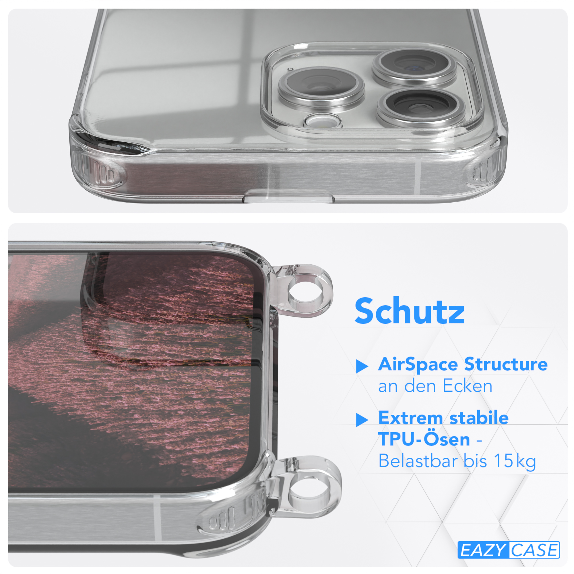 Transparente Handyhülle auf einem Telefon. Zeigt Details des Telefons. Text: Schutz.