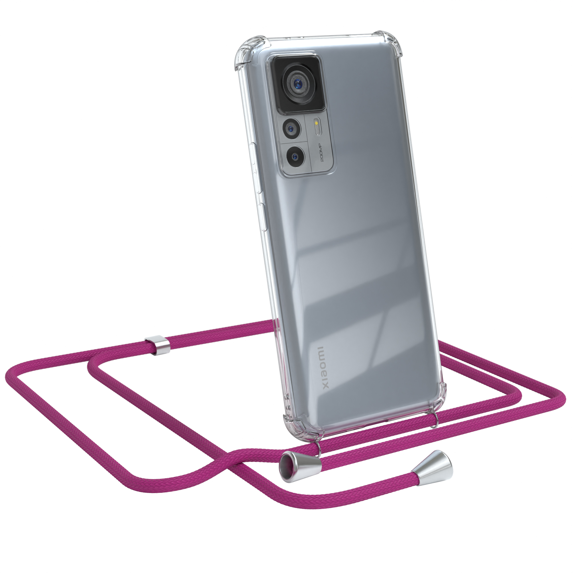 Telefon in transparentem Gehäuse mit pinkfarbenem Umhängeband. Es ist ein Xiaomi-Telefon.