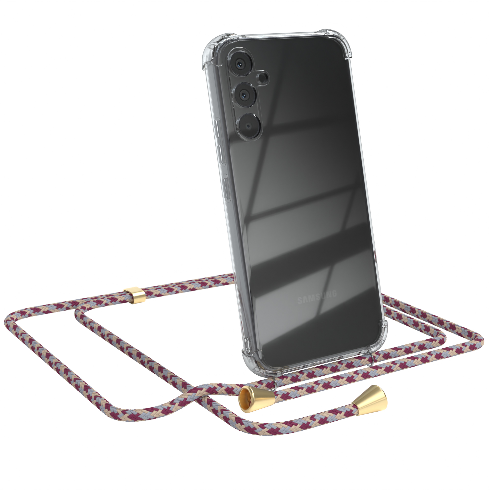 Transparente Handyhülle mit weinrotem und weißem Schlüsselband, goldenen Akzenten. Schwarzes Telefon innen.