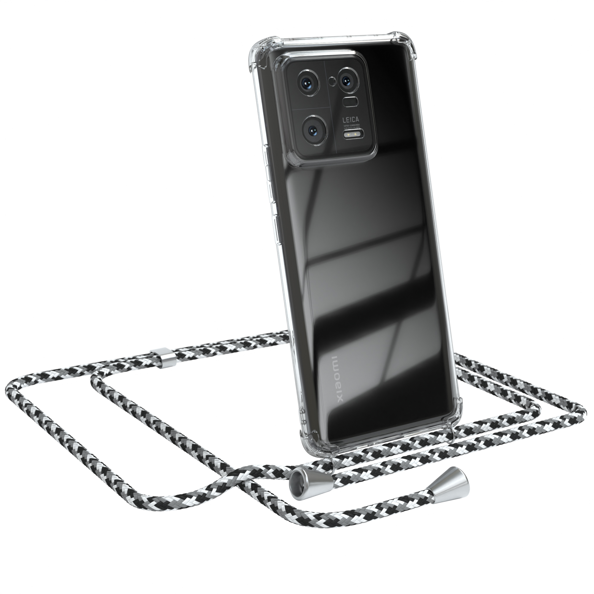 Schwarzes Telefon in einer transparenten Hülle mit einem schwarz-weißen Riemen. Das Telefon lehnt sich an.