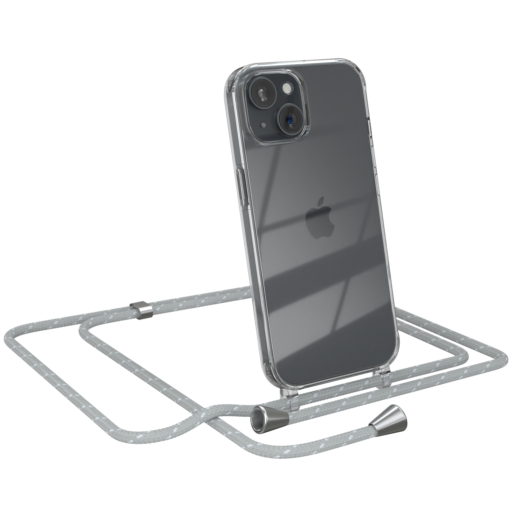 Transparente Handyhülle mit grauem Band, das ein schwarzes Telefon hält, geneigt. Rückseite gezeigt.