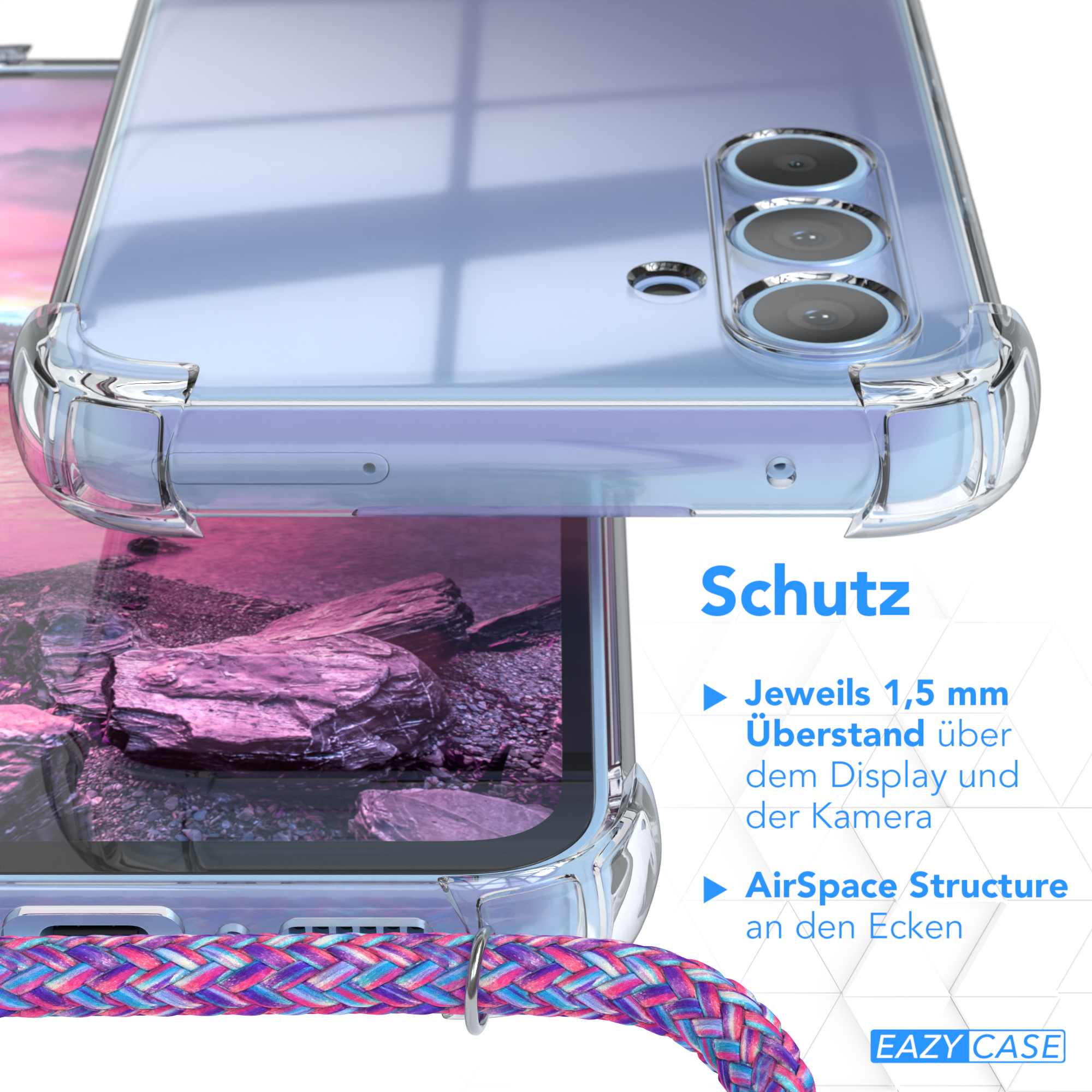 EAZY CASE Clear Cover Umhängetasche, Umhängeband, Galaxy mit Clips Silber Lila / Samsung, A54