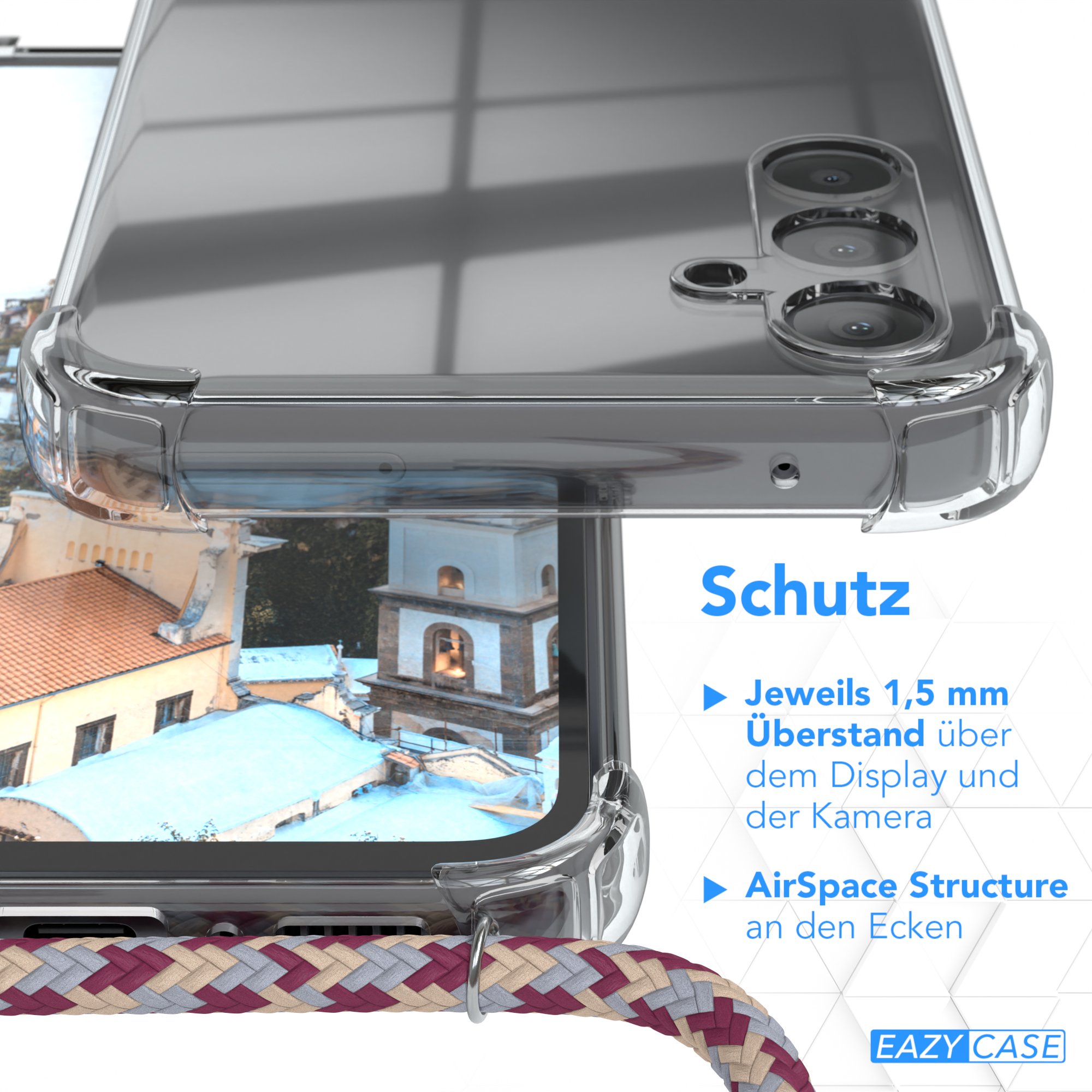 Eine Handyhülle mit Telefon. Die Hülle hat einen Riemen. Hintergrund ist Stadtansicht.