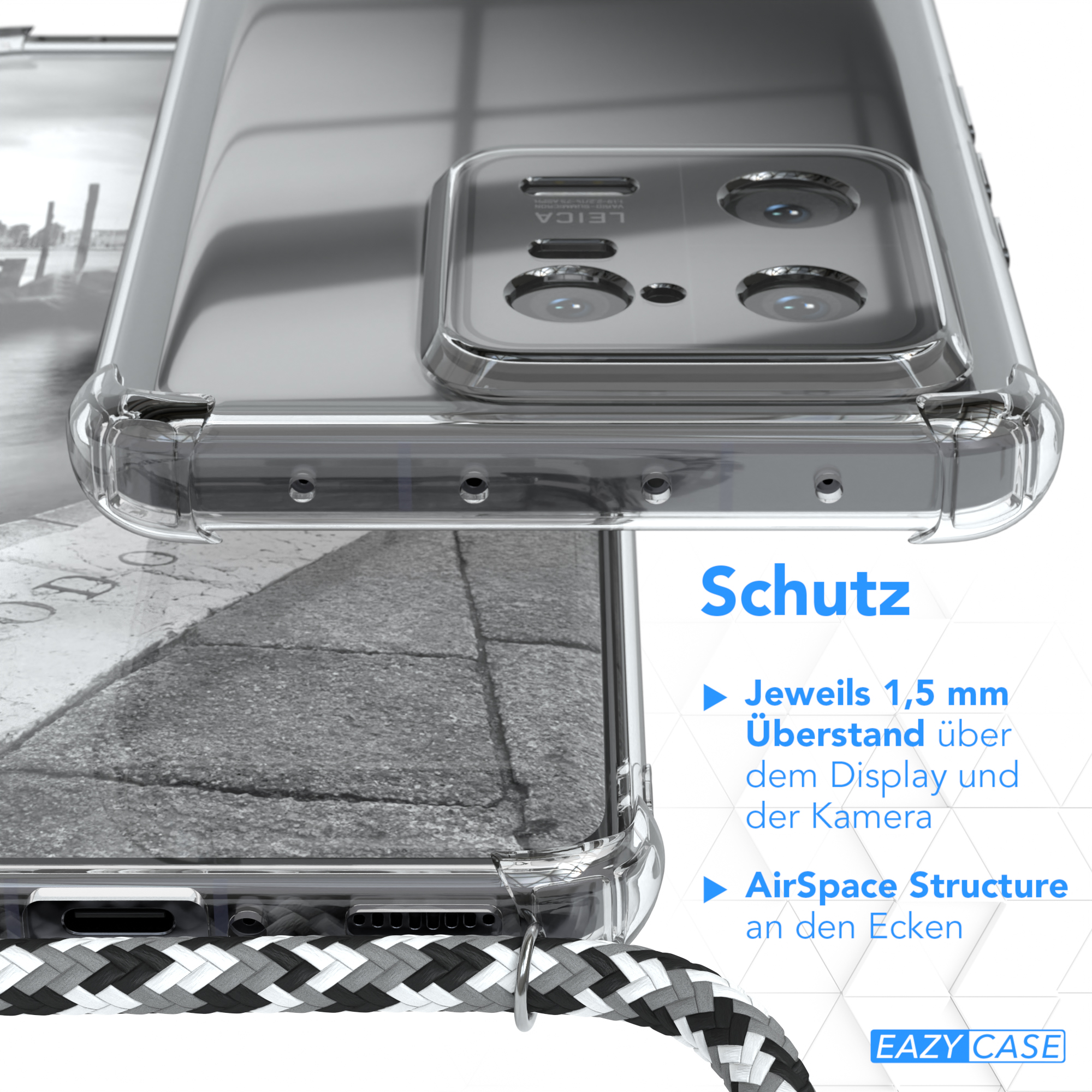 Eine transparente Handyhülle schützt ein Telefon. Text beschreibt Funktionen wie die 1,5 mm erhöhten Kanten.