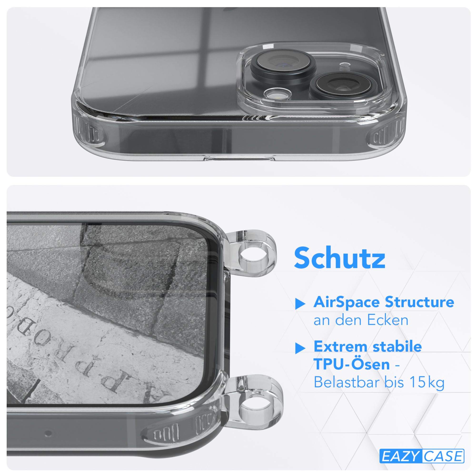 Nahaufnahme einer transparenten Handyhülle, die die Ecken und das Wort „Schutz“ hervorhebt.
