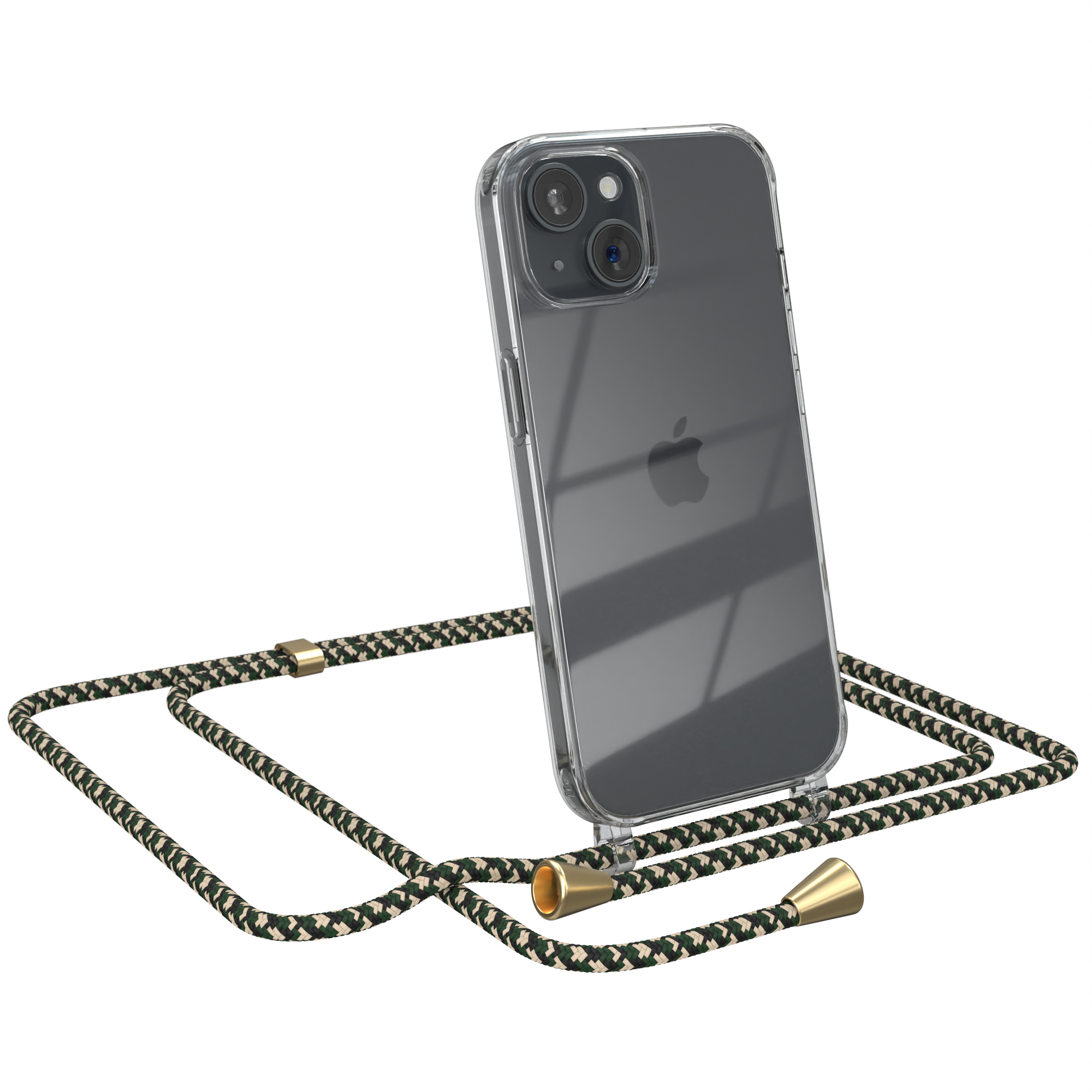 Transparente Handyhülle mit grün-braunem Riemen, Apple-Telefon. Weißer Hintergrund.