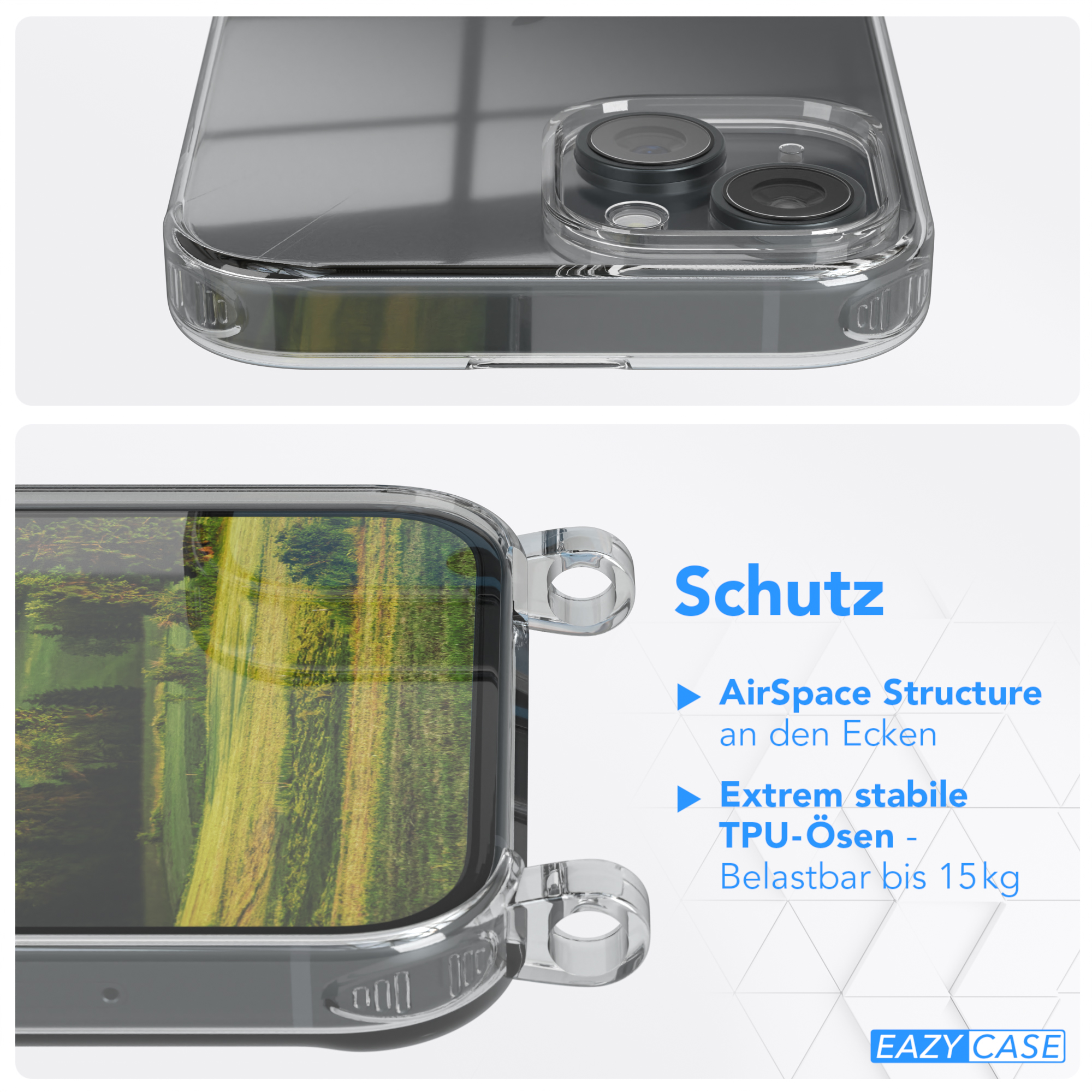 Handyhülle mit Landschaft, Text 'Schutz' und 'AirSpace Structure an den Ecken'.
