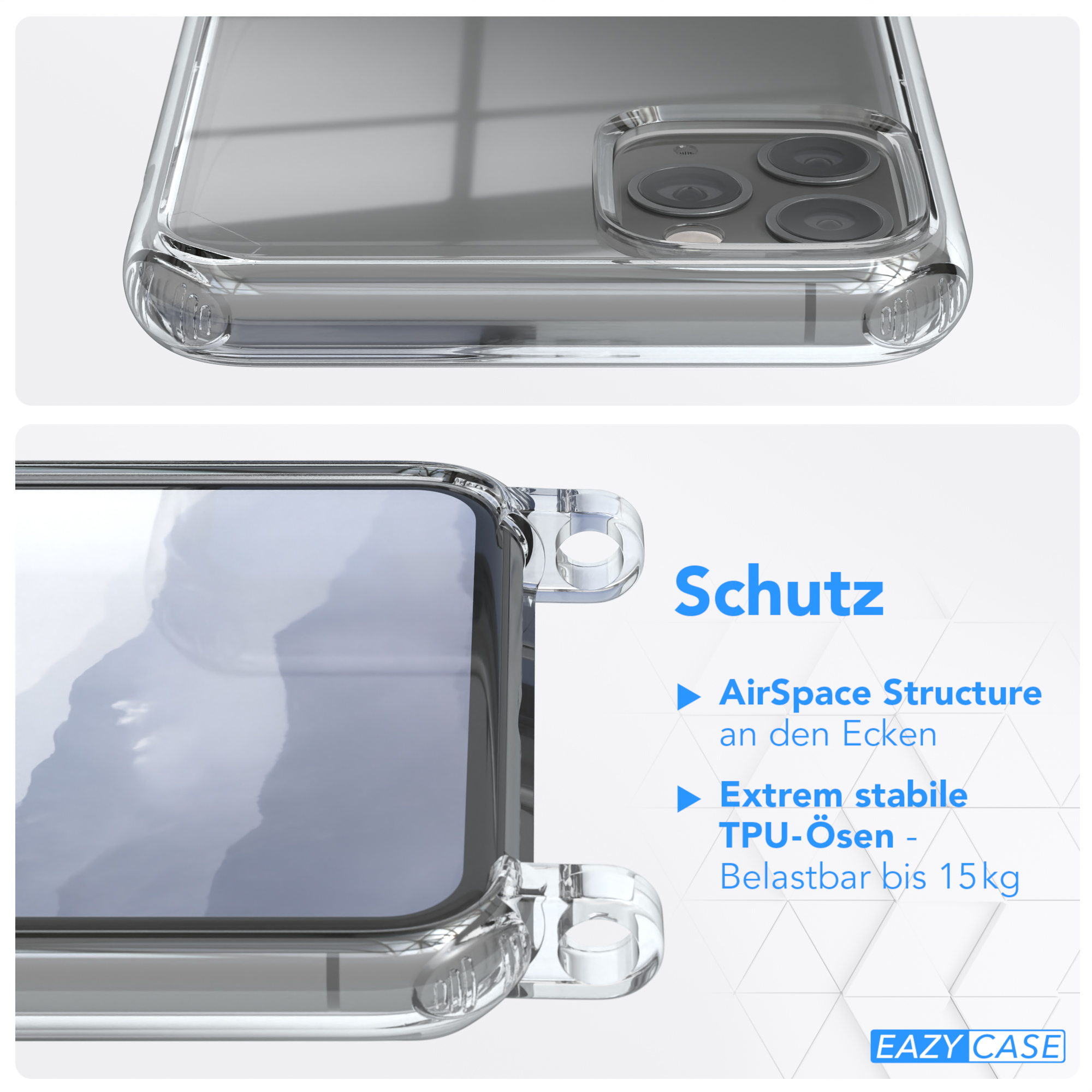 Nahaufnahme einer transparenten Handyhülle mit AirSpace Structure an den Ecken.